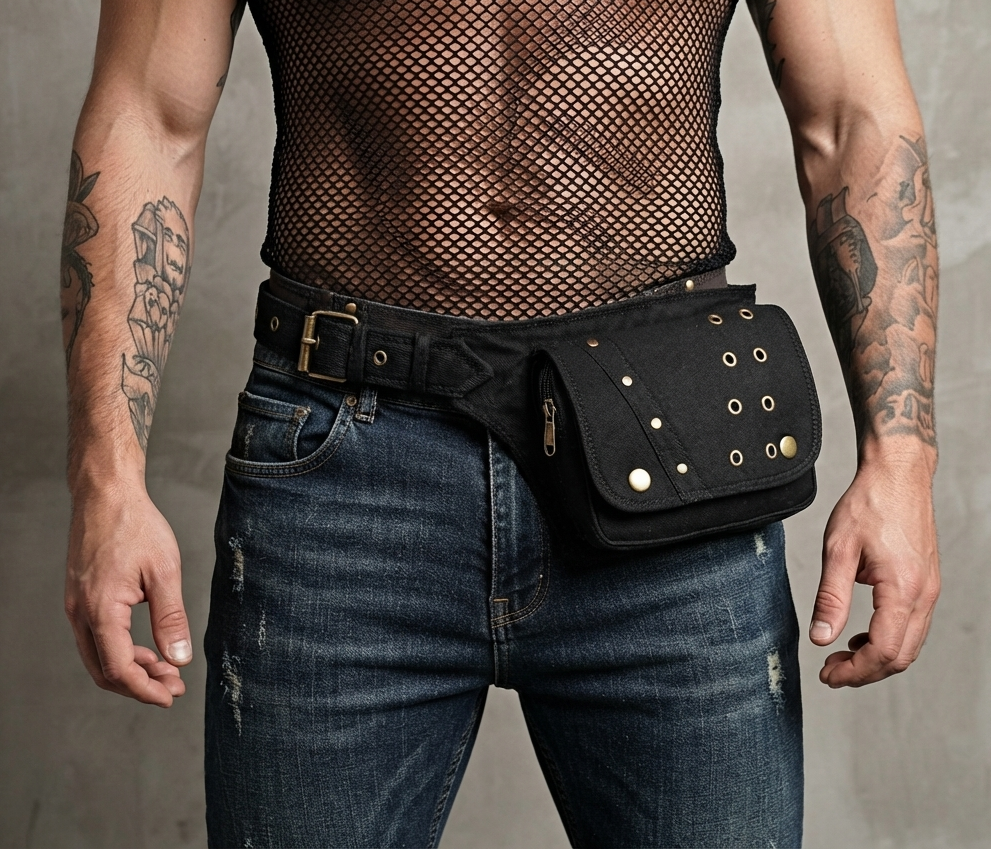 Black cotton hip belt bag for festivals travel and outdoor events