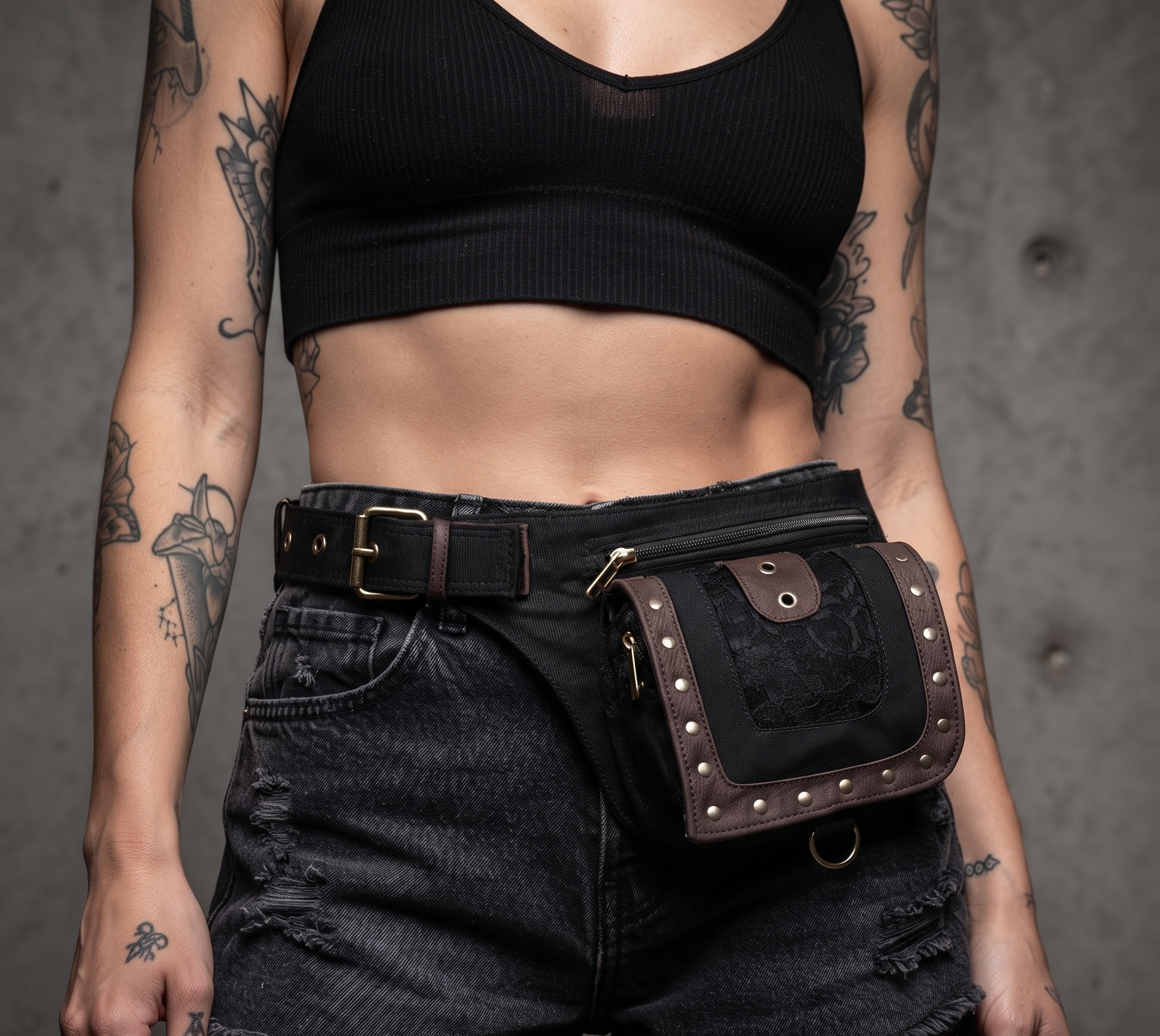 Black Cotton Waist Pouch – Dual-Zip Adjustable Belt with Studded Antique Brass Accents