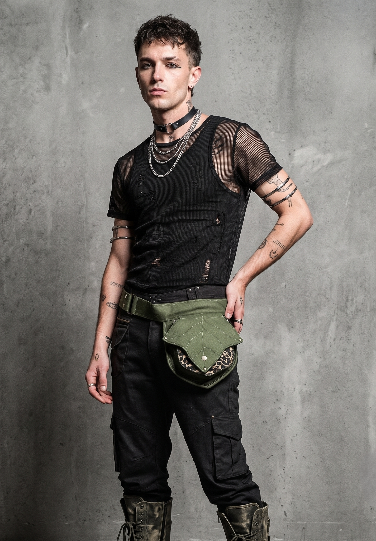 "Olive Green Canvas Utility Belt Bag - Unisex Steampunk Hip Pack with Leaf Flap & Leopard Print - Boho Festival Fanny Pack"
