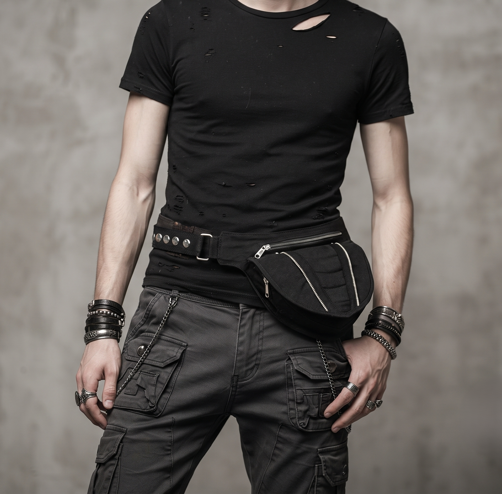 Cotton waist bag with quilted shield design, dual zippers & adjustable strap. Edgy, festival-ready, everyday use.