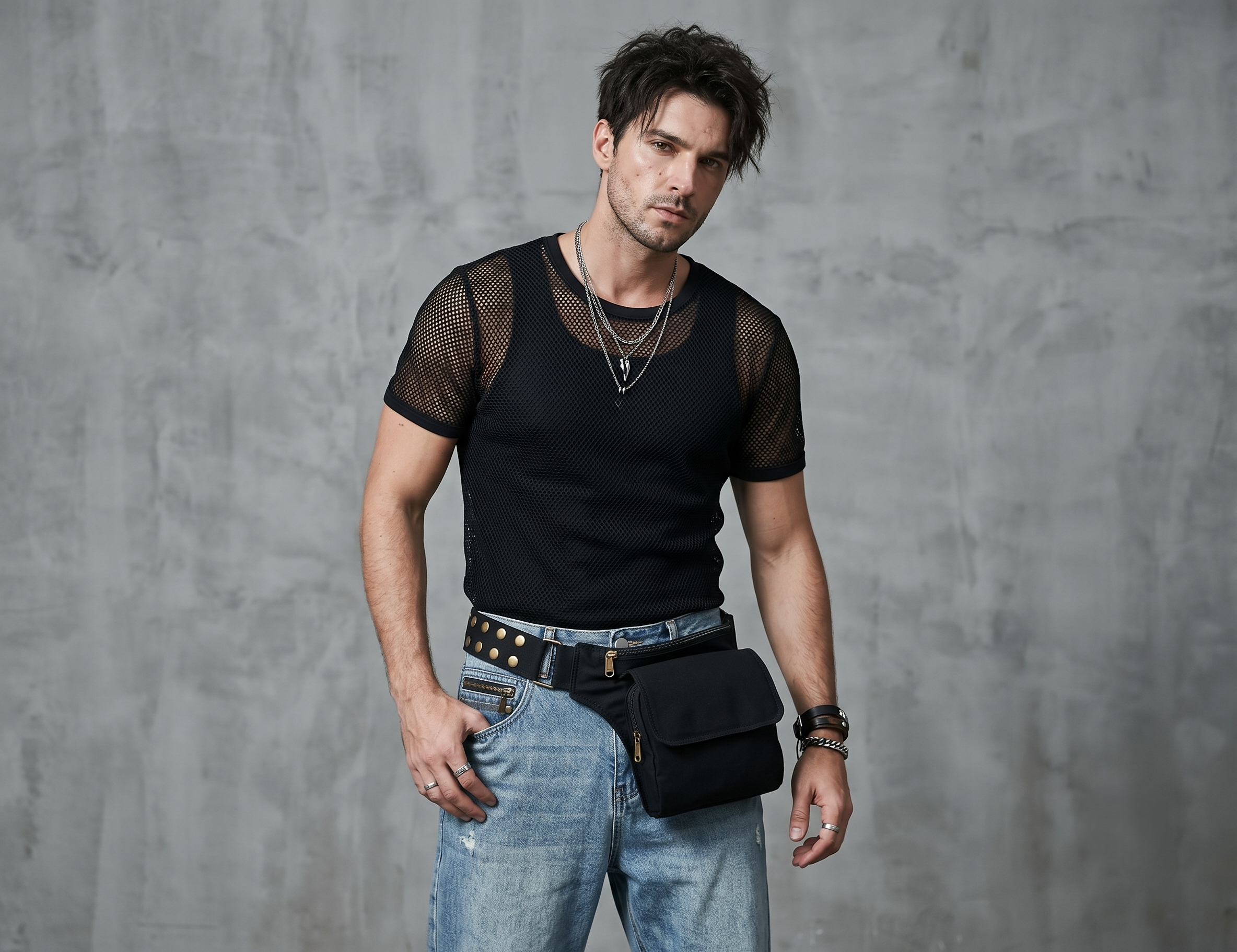Black cotton waist belt bag shown flat on a beige leather background