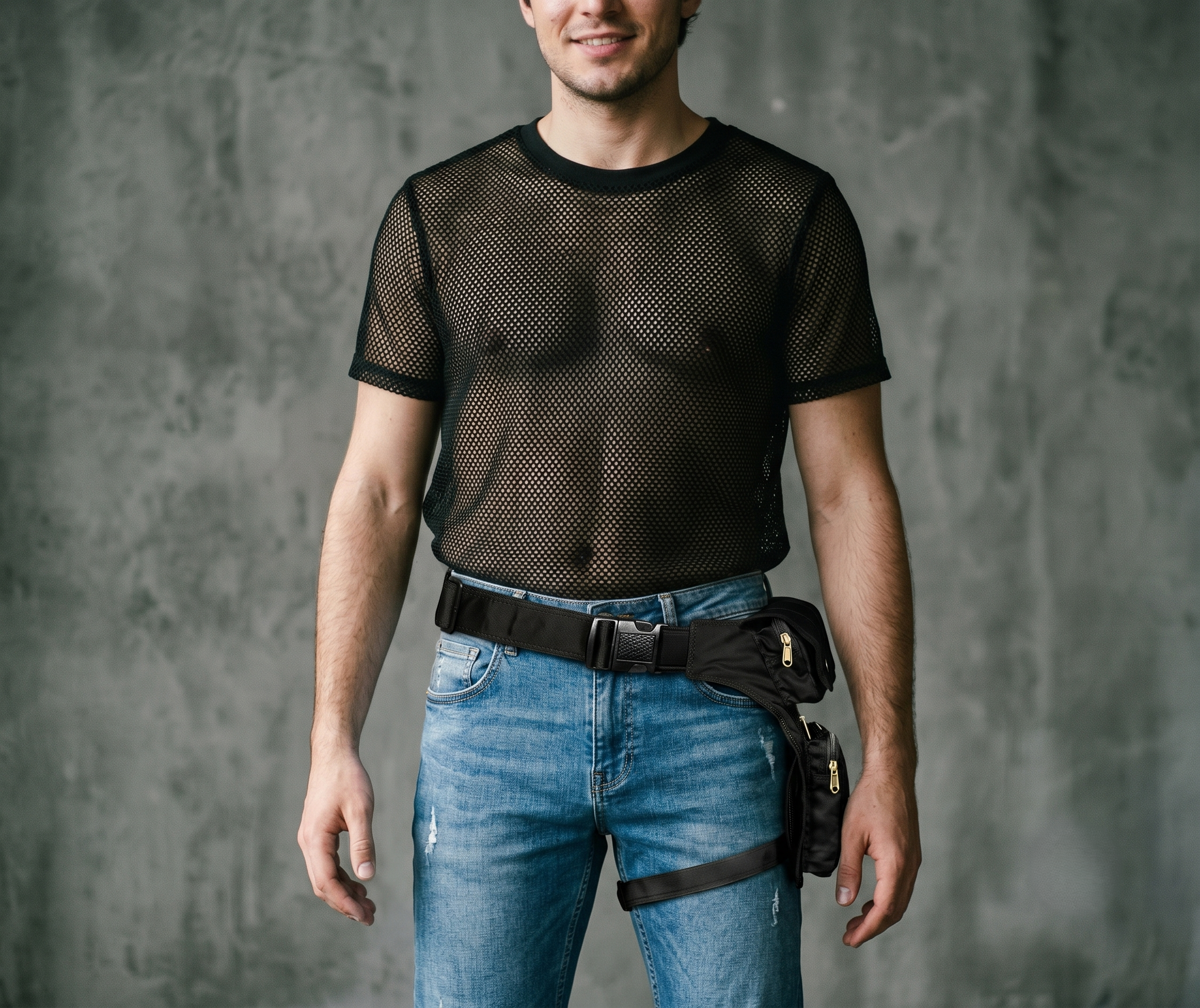 Black cotton waist bag with adjustable belt and thigh strap