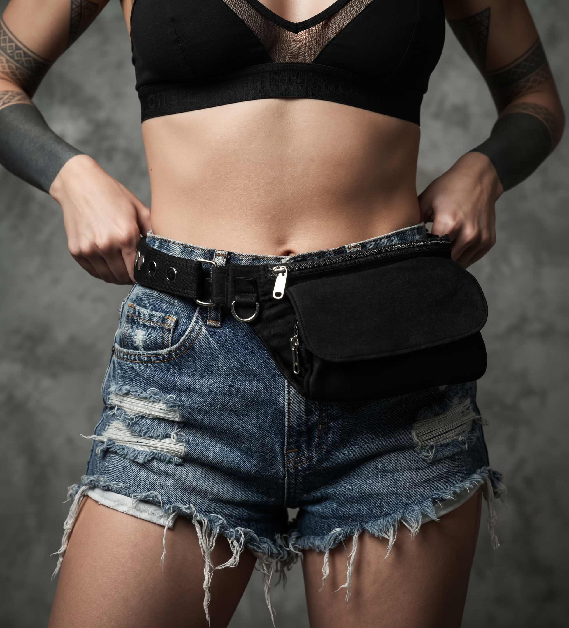 Studded Black Cotton Fanny Pack & Utility Belt Bag – Adjustable Hip Pouch with Zipper and Flap Pocket for Festivals & Travel for unisex.