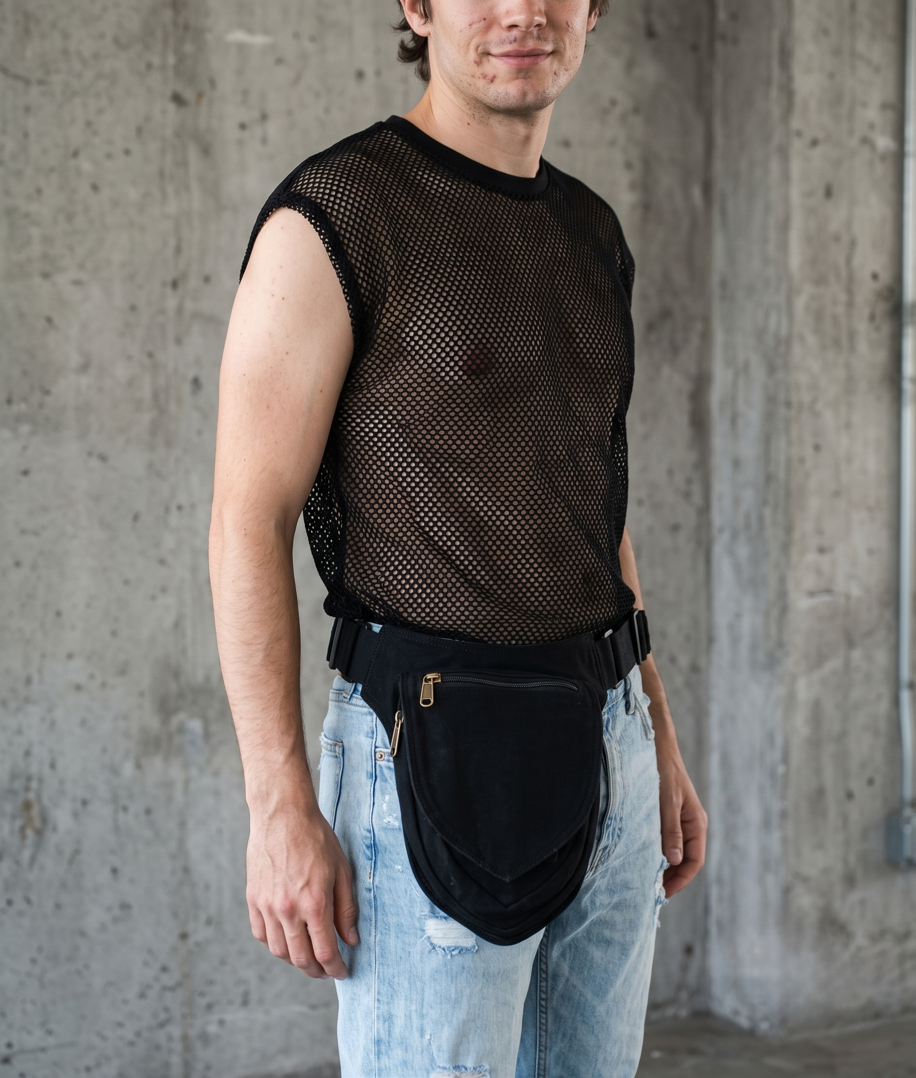 Handmade black cotton utility belt bag with shield-shaped pocket and metal buckle