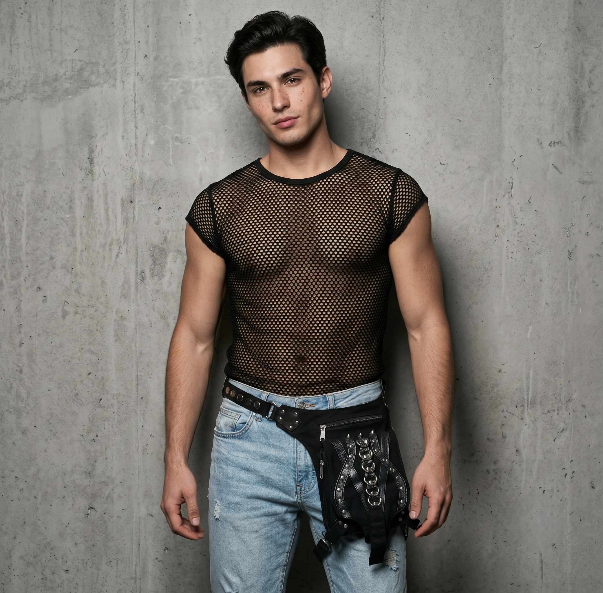 Punk rock style drop leg belt bag in black cotton with leather lace-up detail and silver rivets