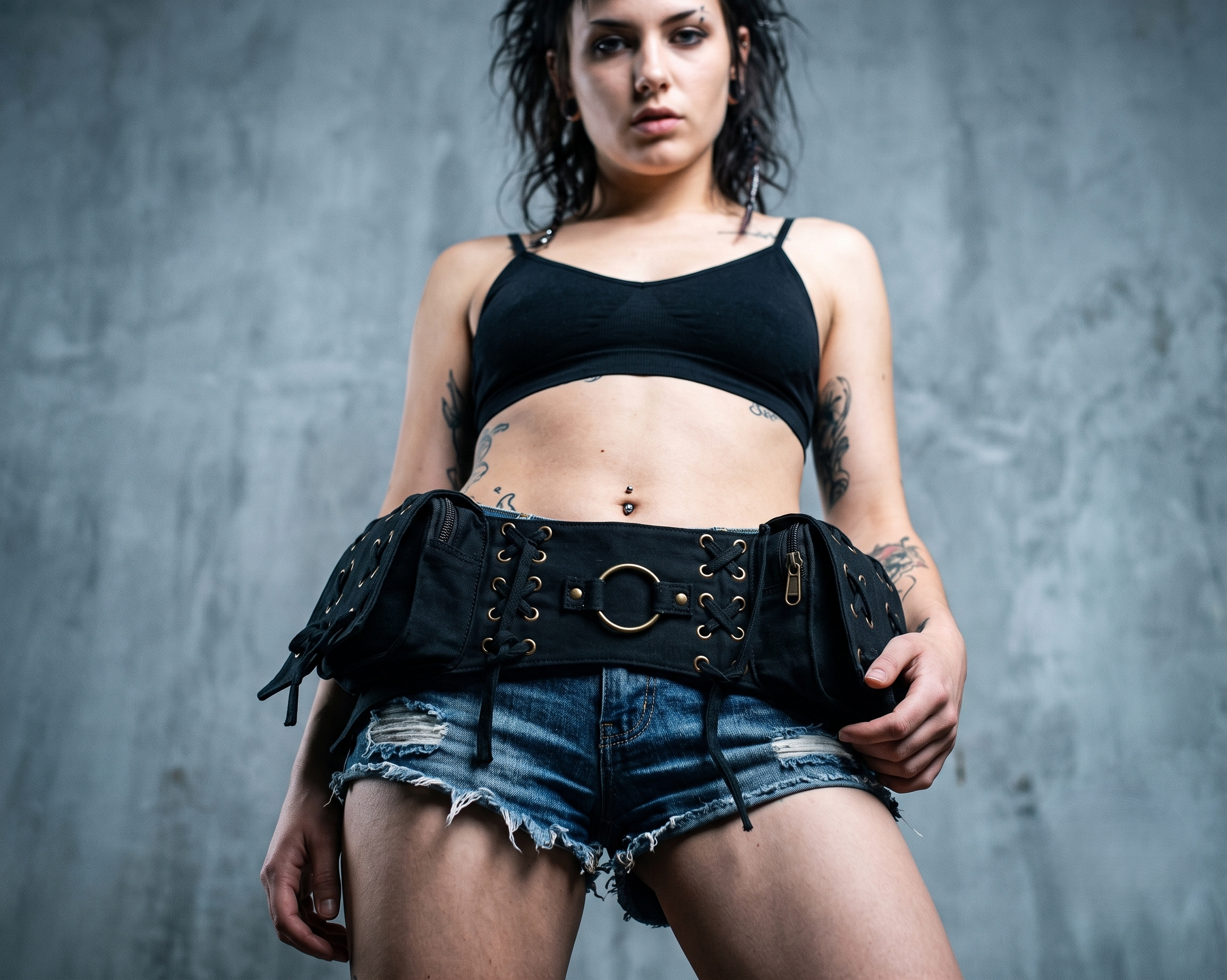 Black Cotton Utility Waist Belt, Gothic Corset Belt Bag, Festival Hip Pouch with Antique Brass Details