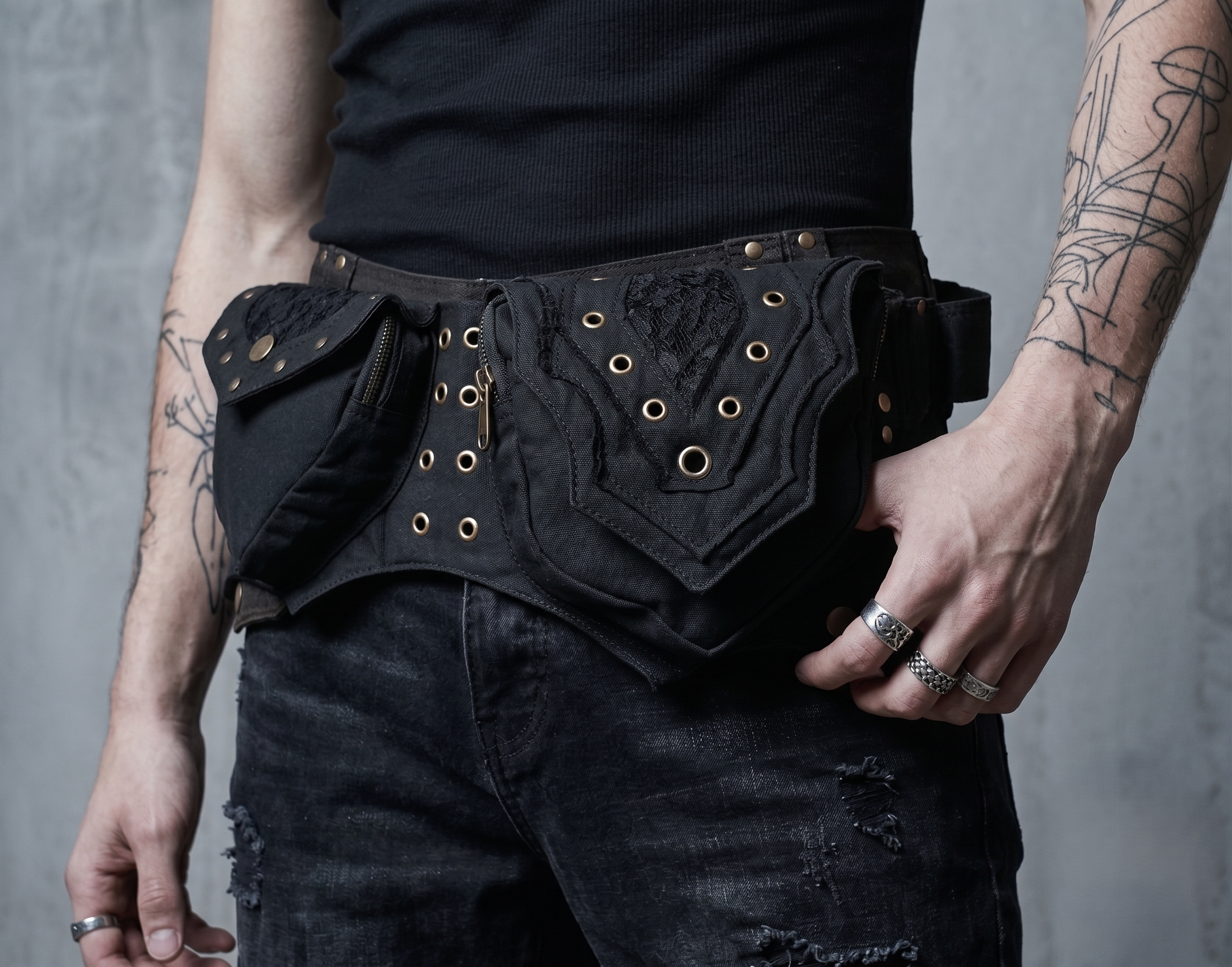 Black Cotton Utility Belt Bag – Hands-Free Hip Pack with Studs, Grommets & Antique Brass Hardware