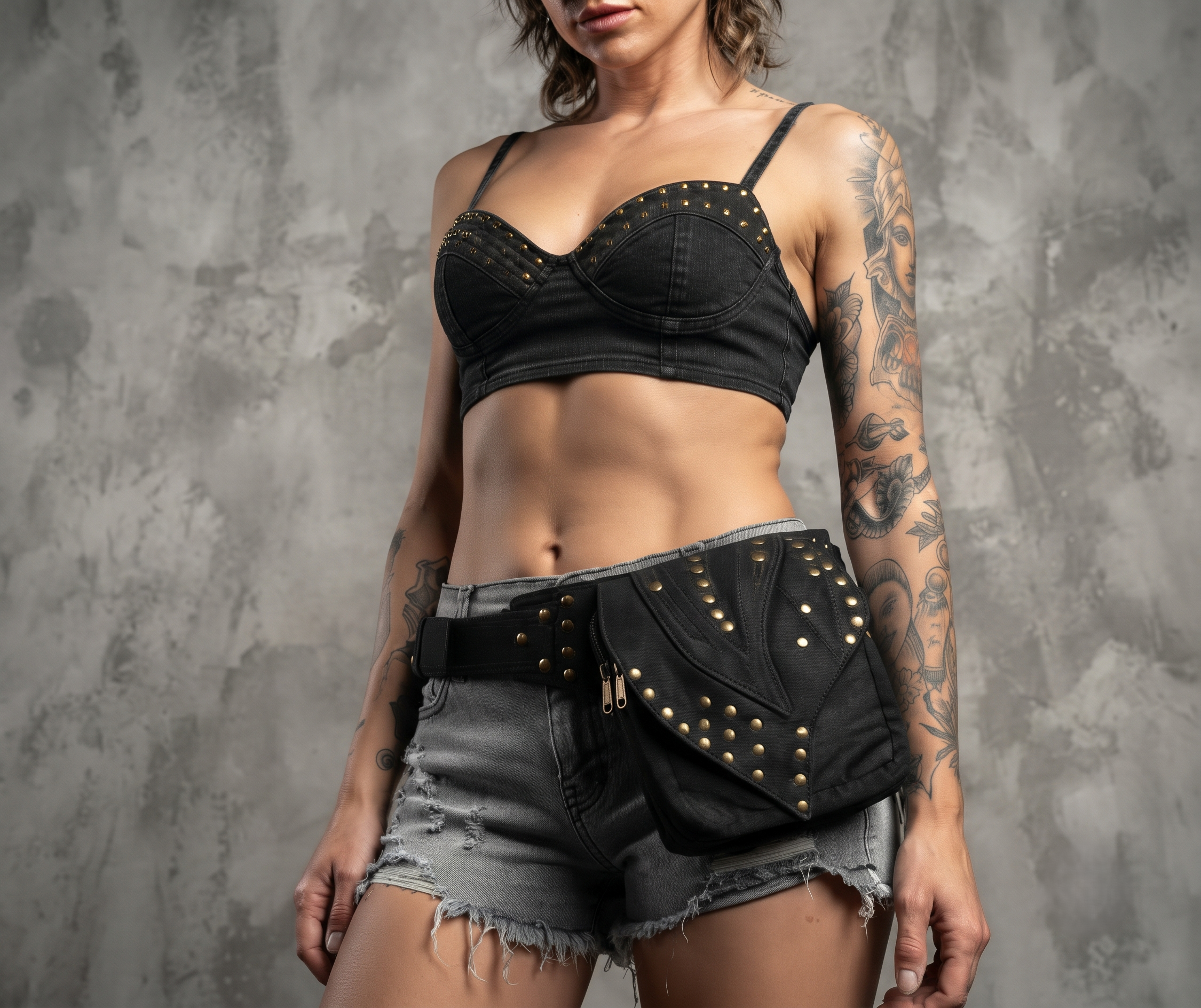 Black Studded Utility Belt Bag – Cotton Canvas Fanny Pack with Adjustable Strap, Festival & Steampunk Waist Bag for unisex