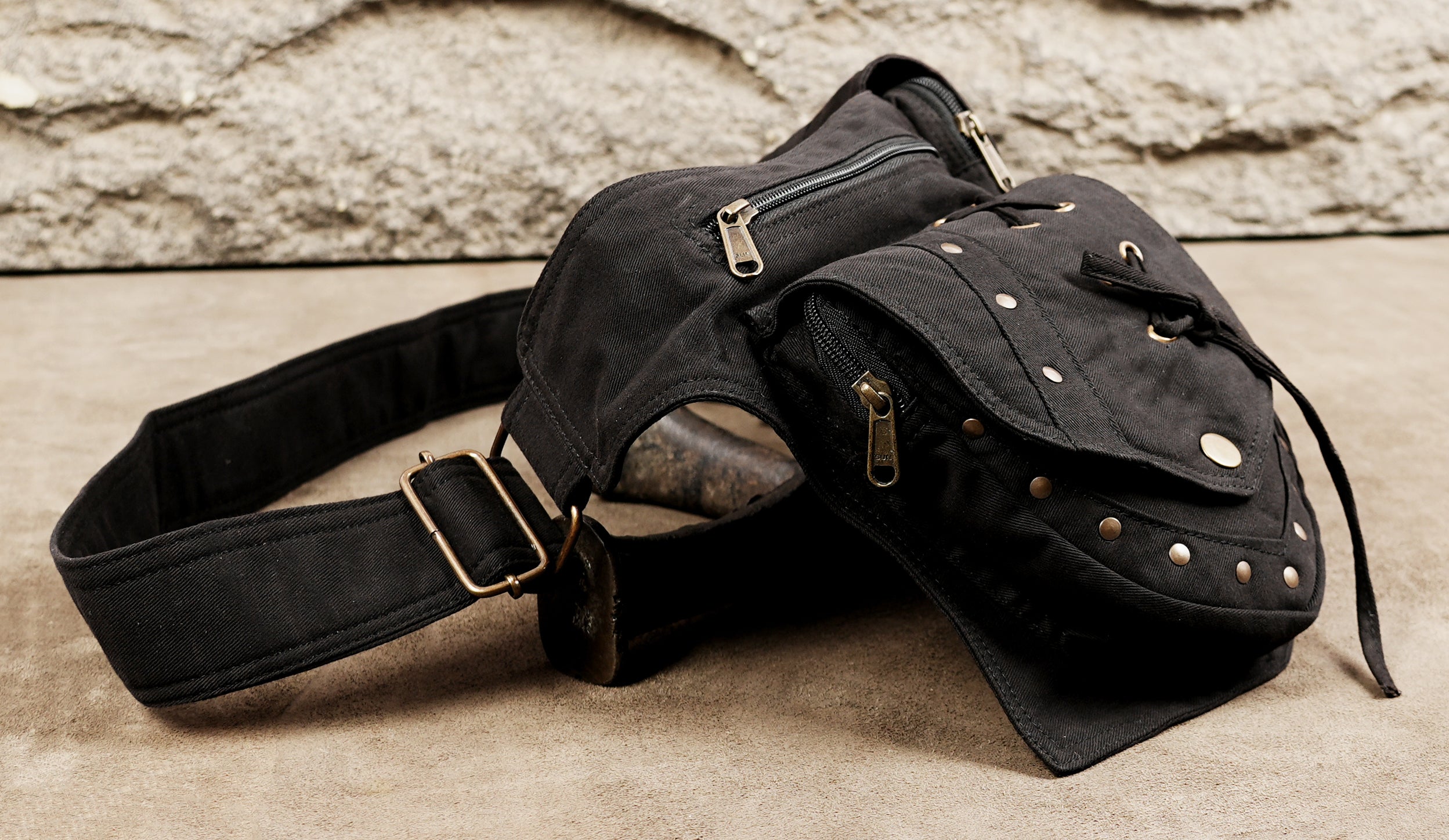 Black fabric utility belt bag for carrying essentials hands-free