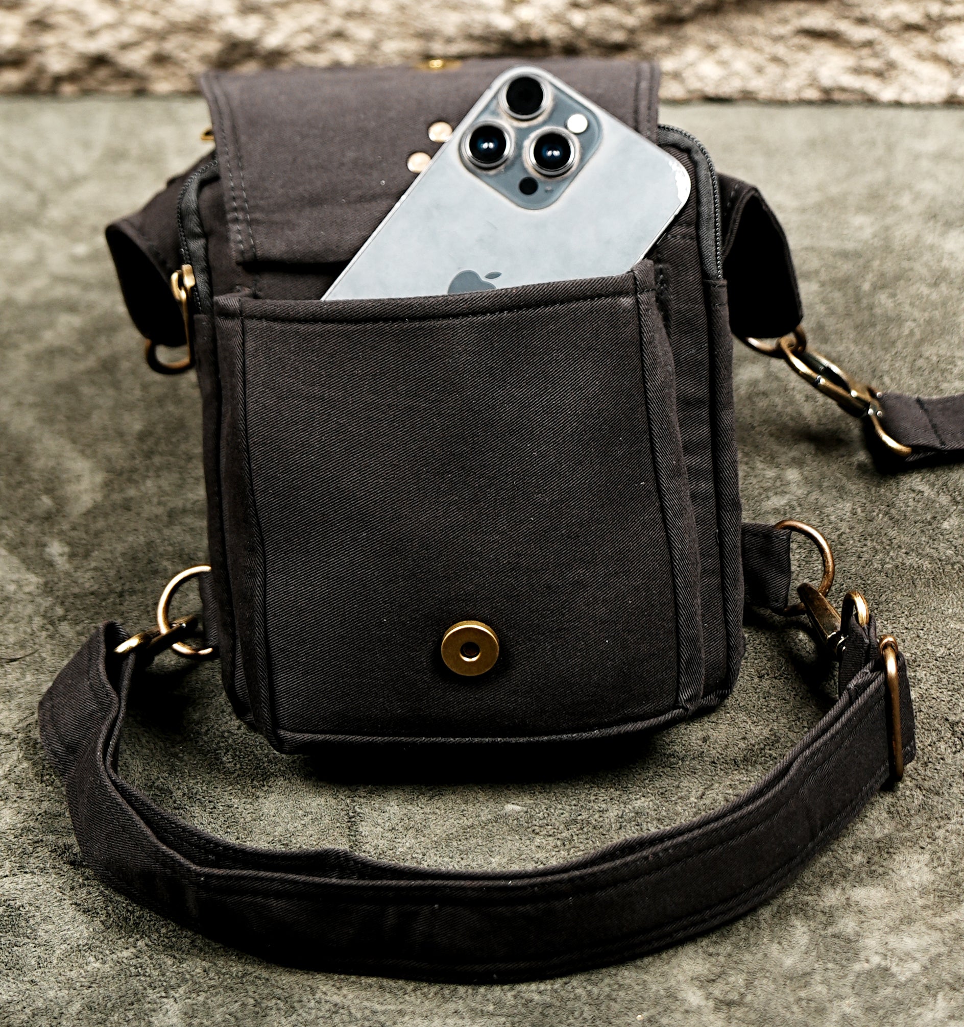 Festival black cotton waist belt pouch with zip pocket
