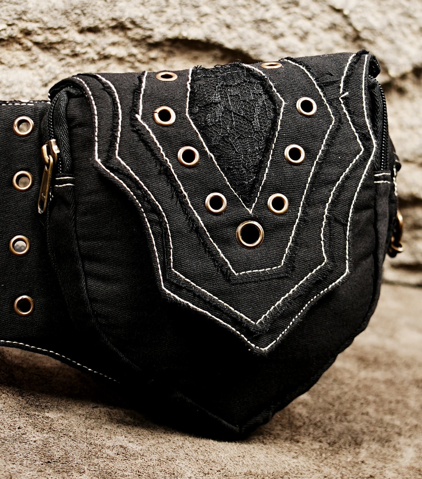 Handcrafted cotton pocket belt in black with lace accents