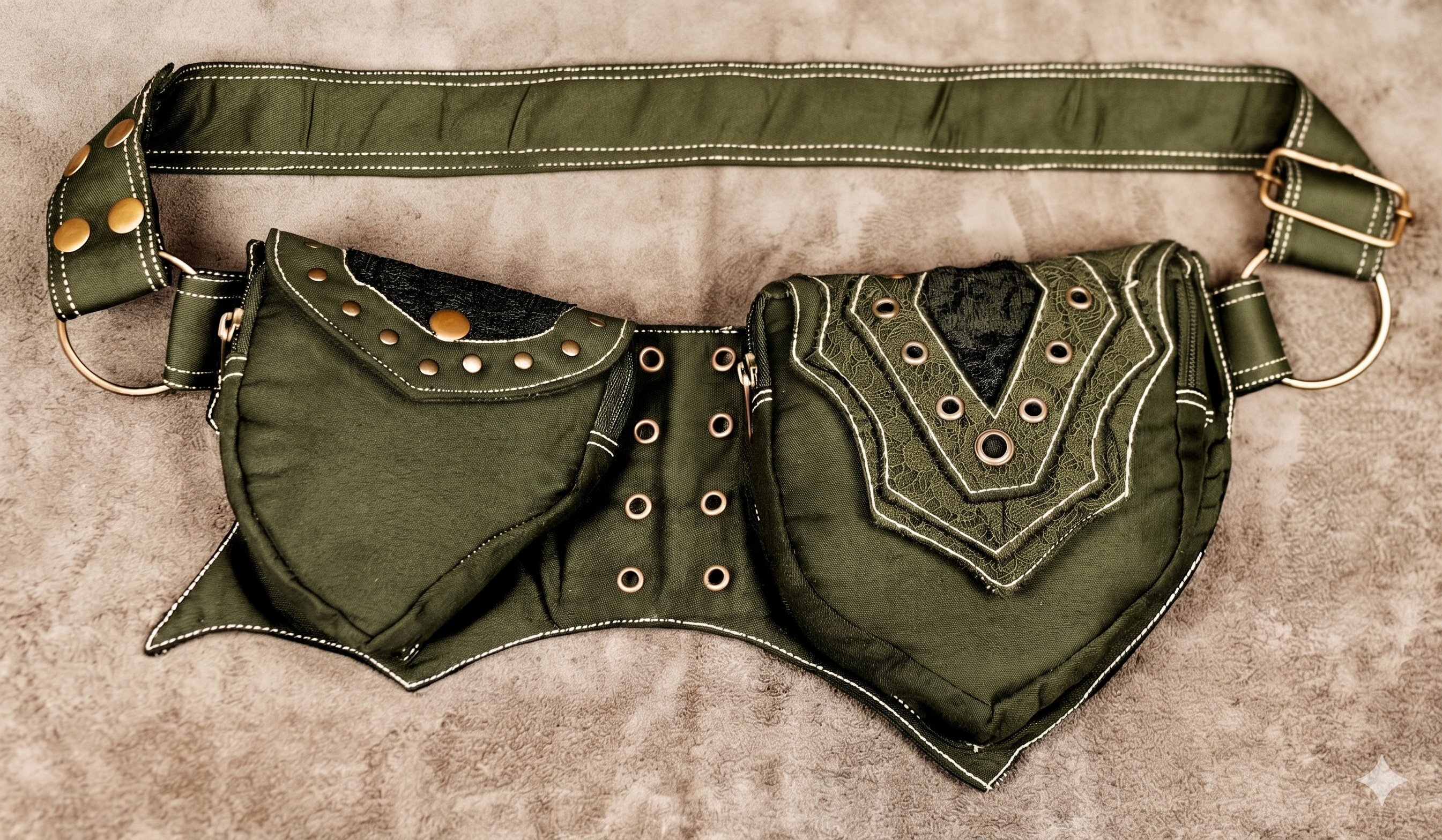 Black festival waist belt in cotton with two zippered pouches and O-ring hardware