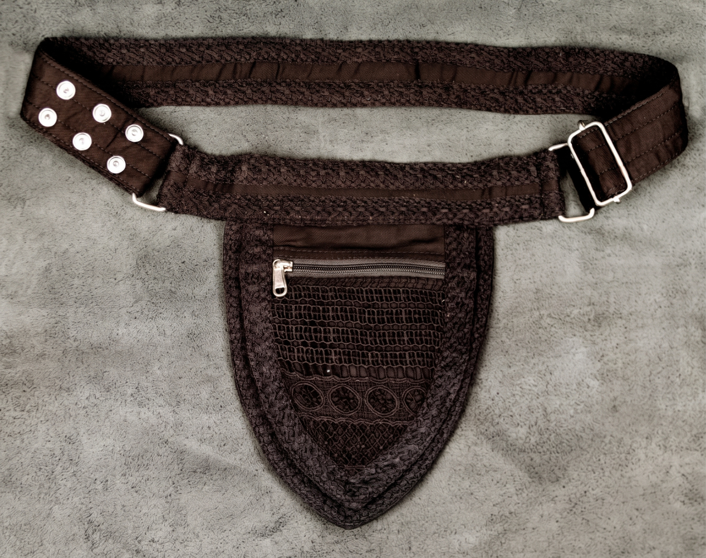 Boho cotton fanny pack with shield shaped pouch and lace panel