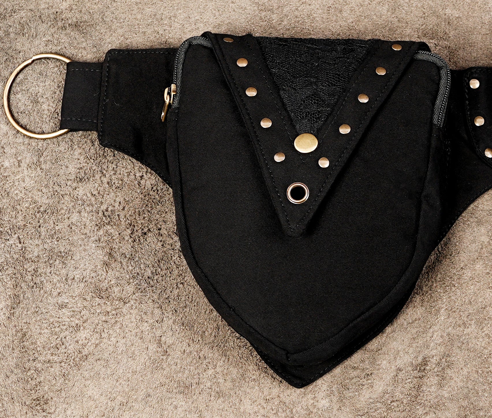 Black boho hip bag belt with studded triangle flaps