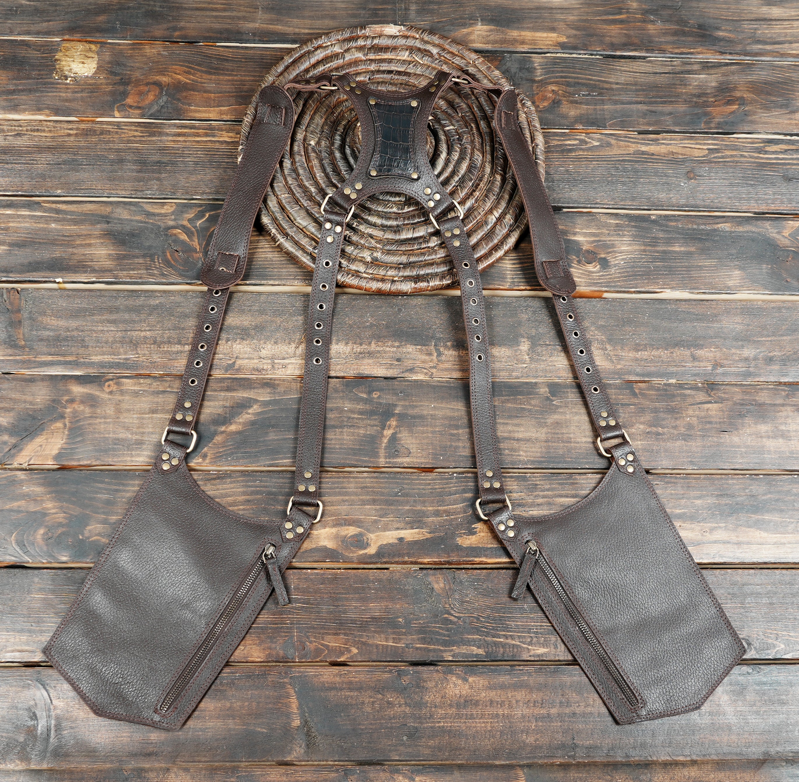 Handmade brown leather shoulder holster with double pouch and adjustable straps