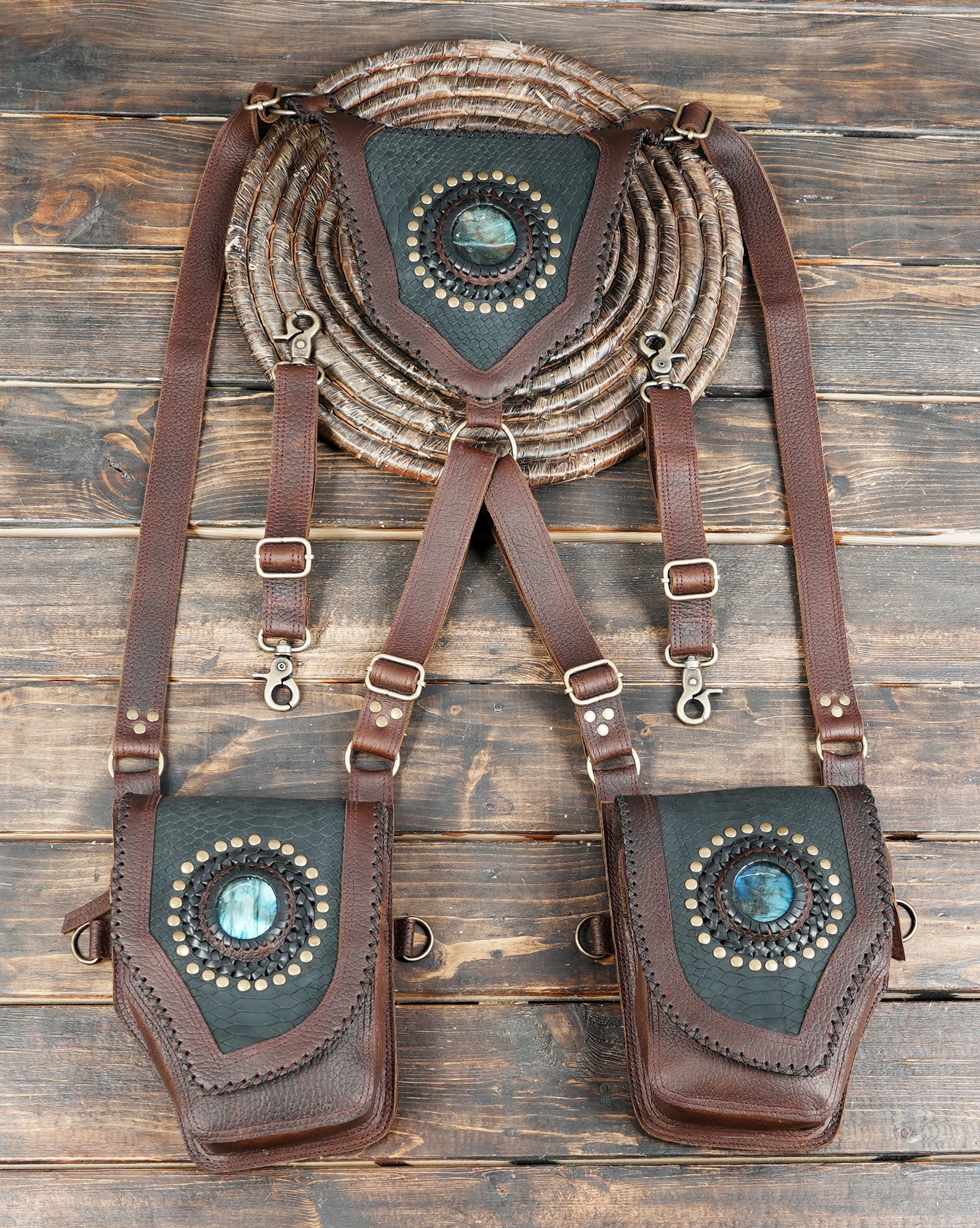 Handmade brown leather double holster with stone detailing