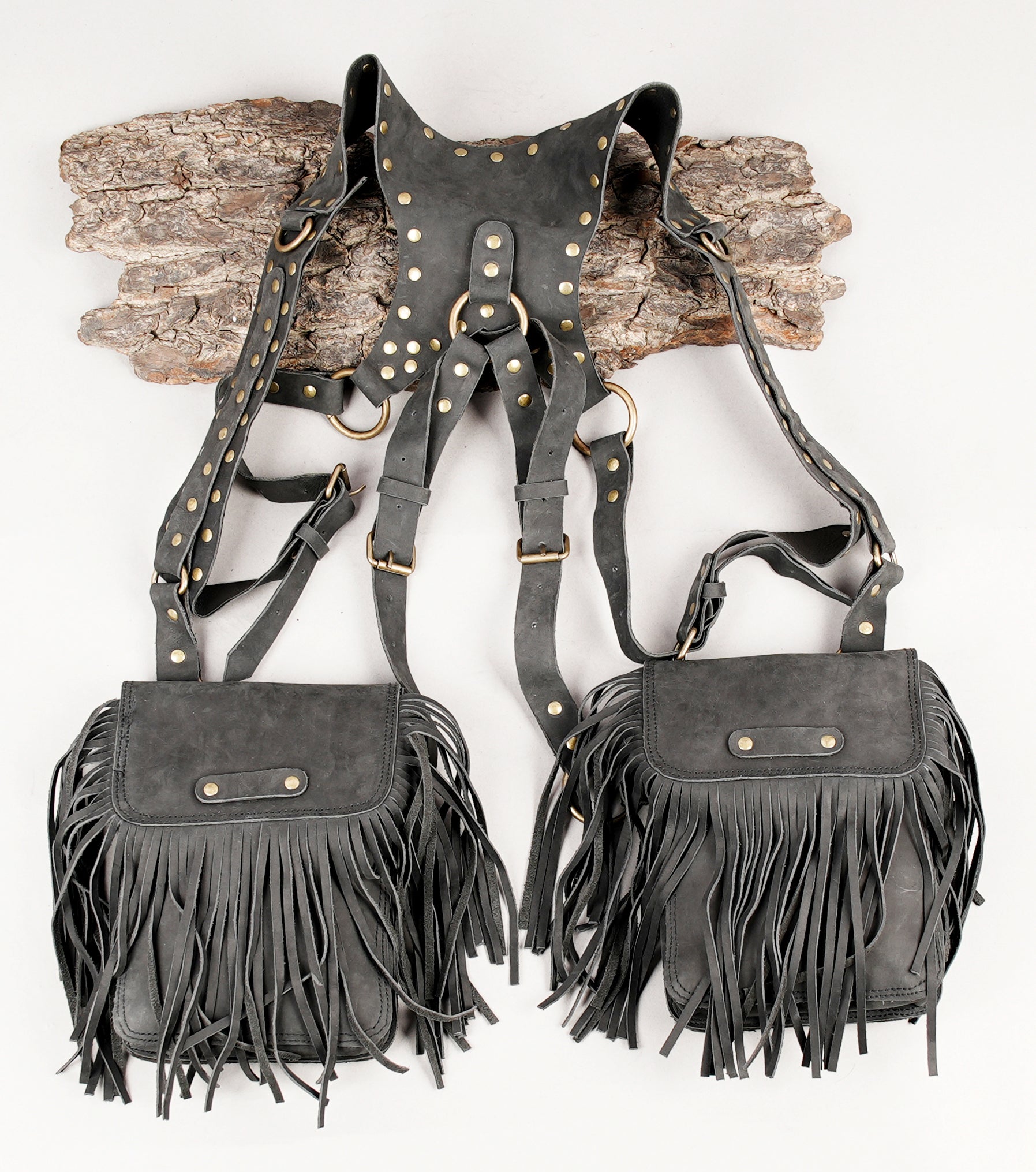 Handmade fringe leather chest holster with dual pouches