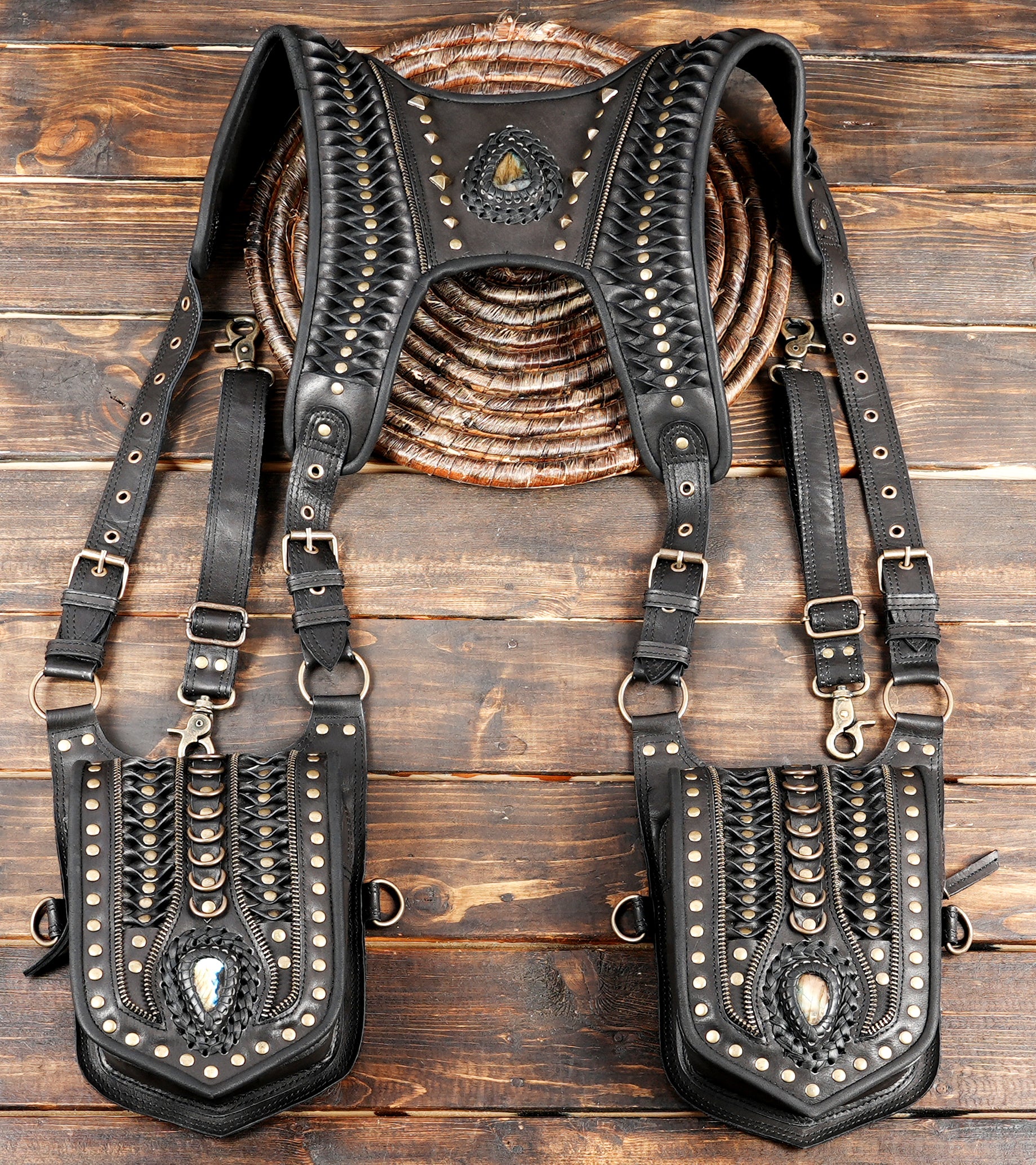 Handcrafted Leather Holster with Dual Pouches and Stud Details (LT-AB-HLS-6053)