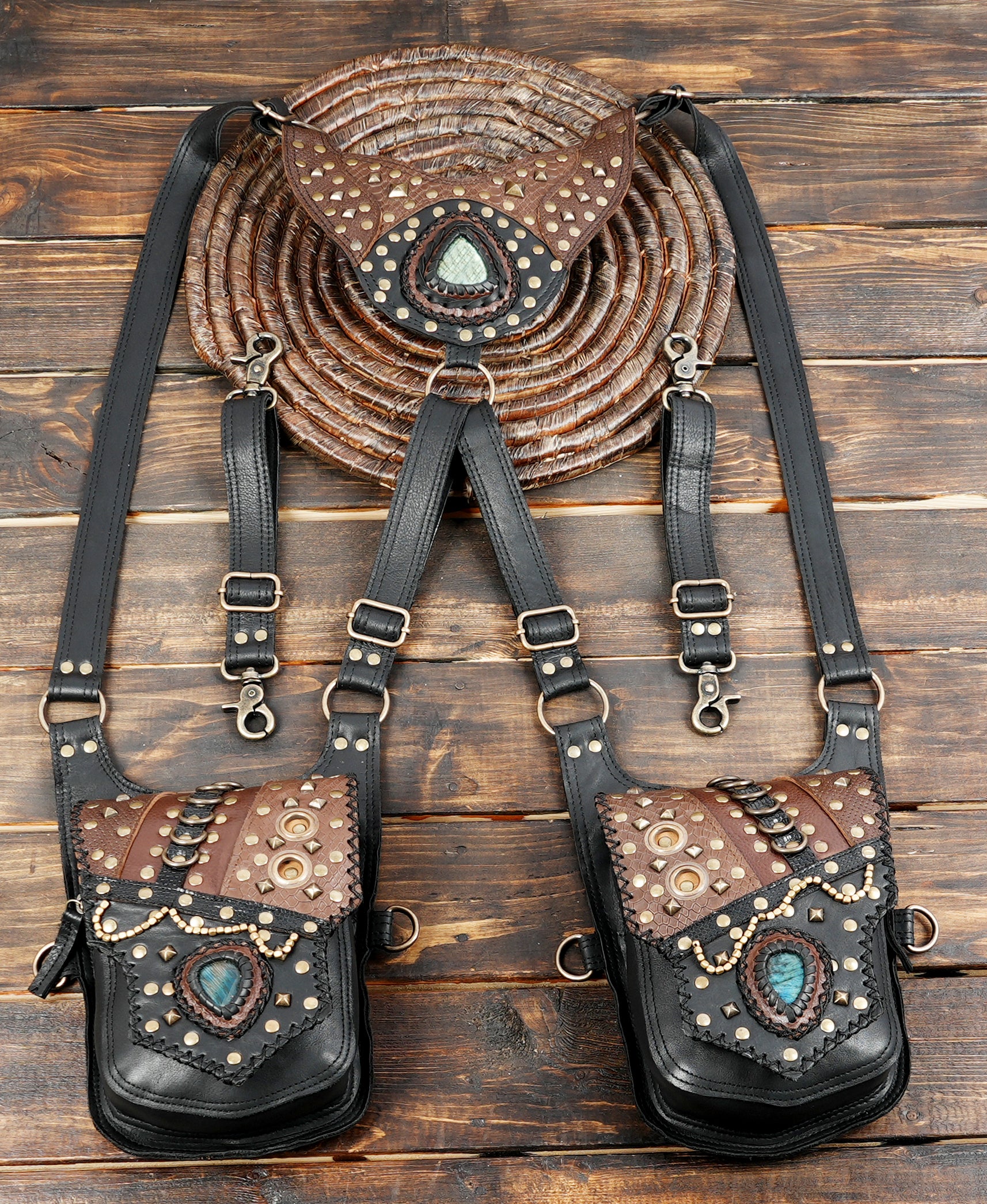 Handmade leather holster with gemstone and stud detailing