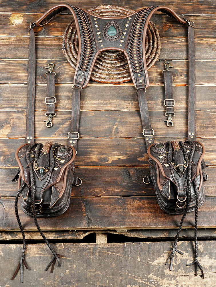 Festival shoulder holster with two pouches and ornate stone panels