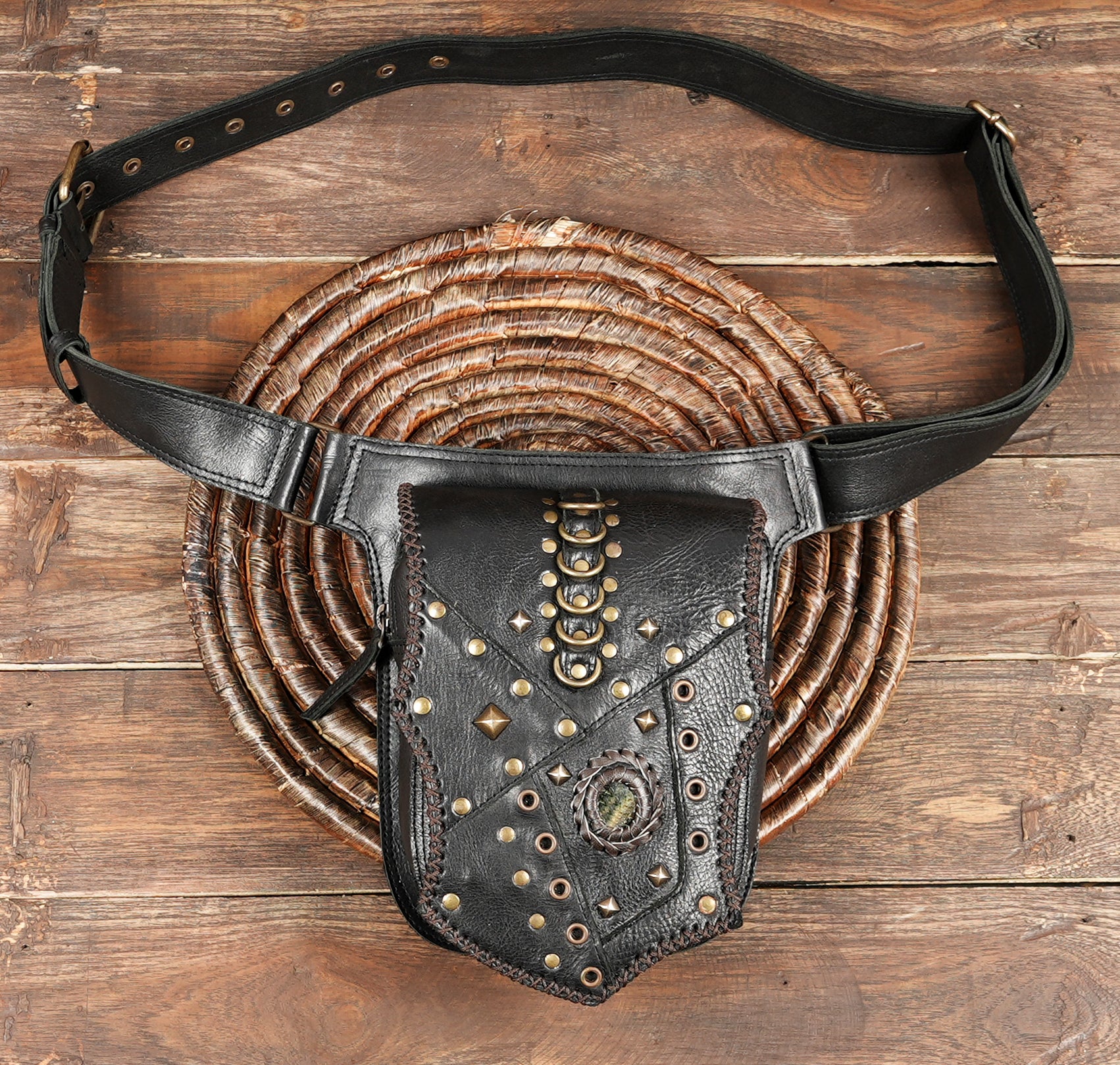 Handmade black leather waist belt with studded pouch and gemstone detail