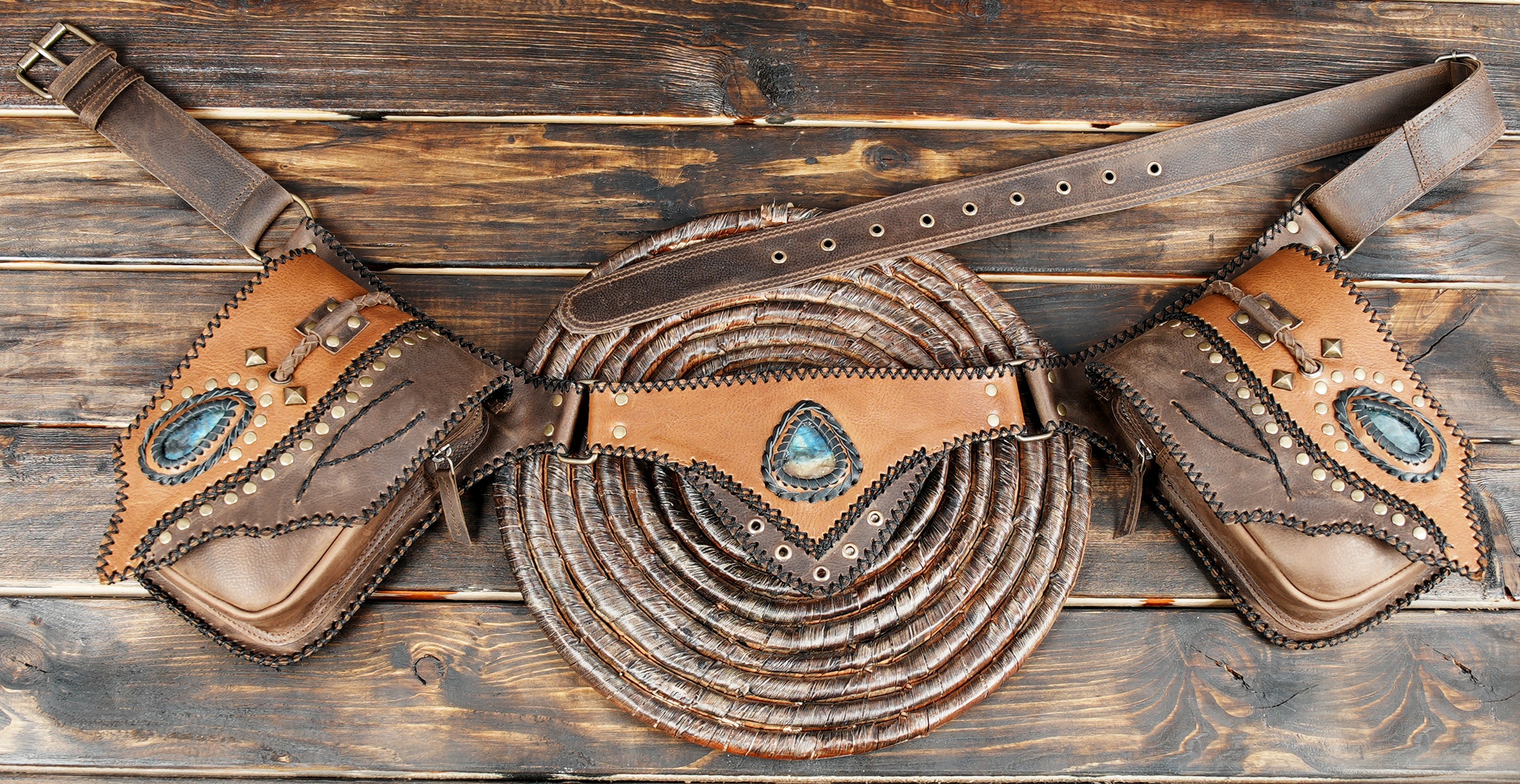 Handmade Leather Waist Belt with Utility Pouches || Boho Leather Waist Belt with Dual Pouches and Stone Detail (LT/AB/WB/6169)