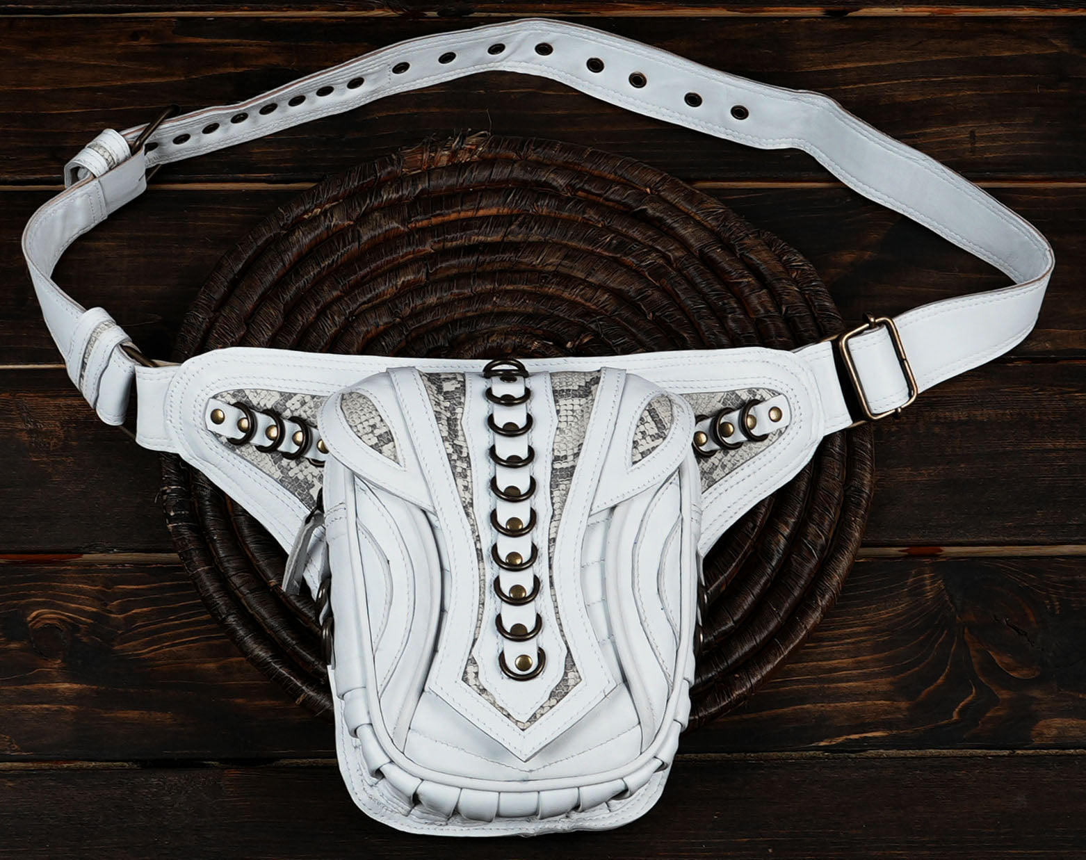 Handmade Black Leather Waist Belt with Utility Pouch || Black Leather Utility Waist Belt with Metal Ring Details (LT-AB-WB-6170)