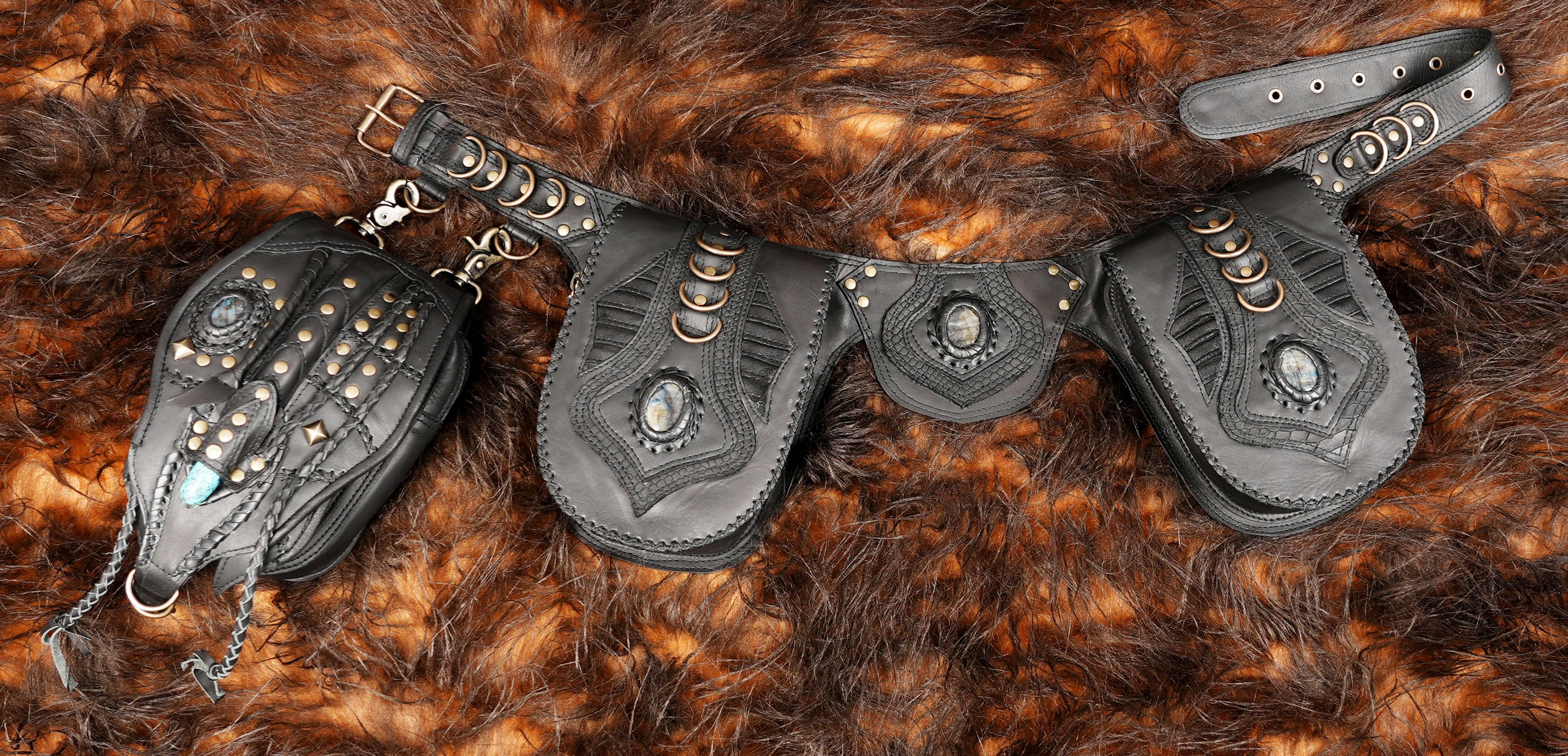 Festival leather waist belt with labradorite gemstone centerpiece