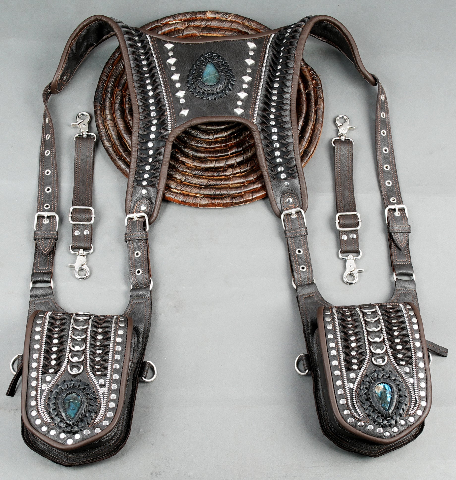 Handmade Leather Festival Holster with Stone Accents || Gothic Gemstone Leather Dual Shoulder Holster (LT/NS/HLS/6018)