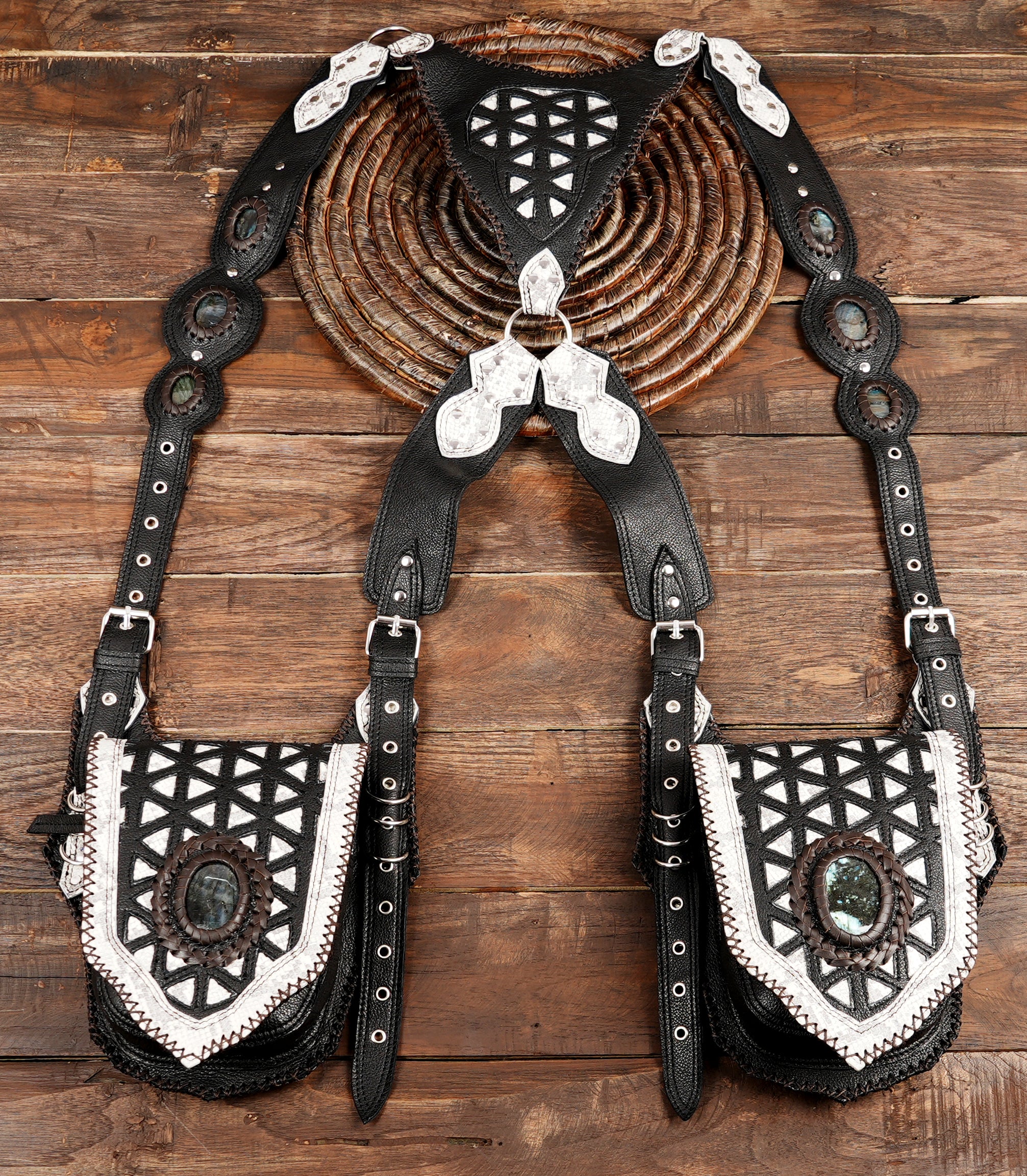 Dual-pocket leather rig with metallic detailing for festivals and travel