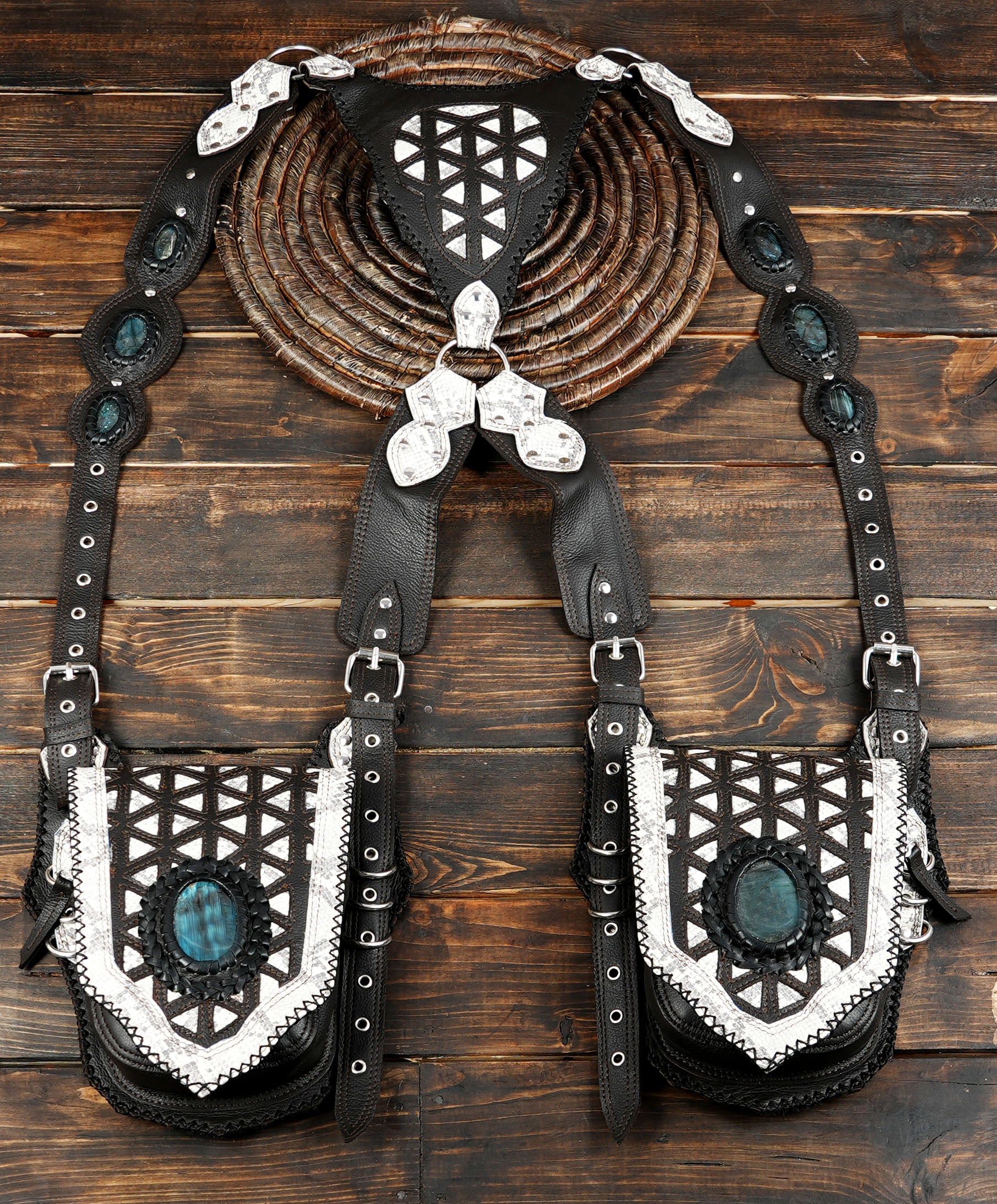 Premium Handmade Leather Festival Holster with Tribal Detailing || Black and White Steampunk Leather Holster with Dual Pouches (LT-NS-HLS-6019)