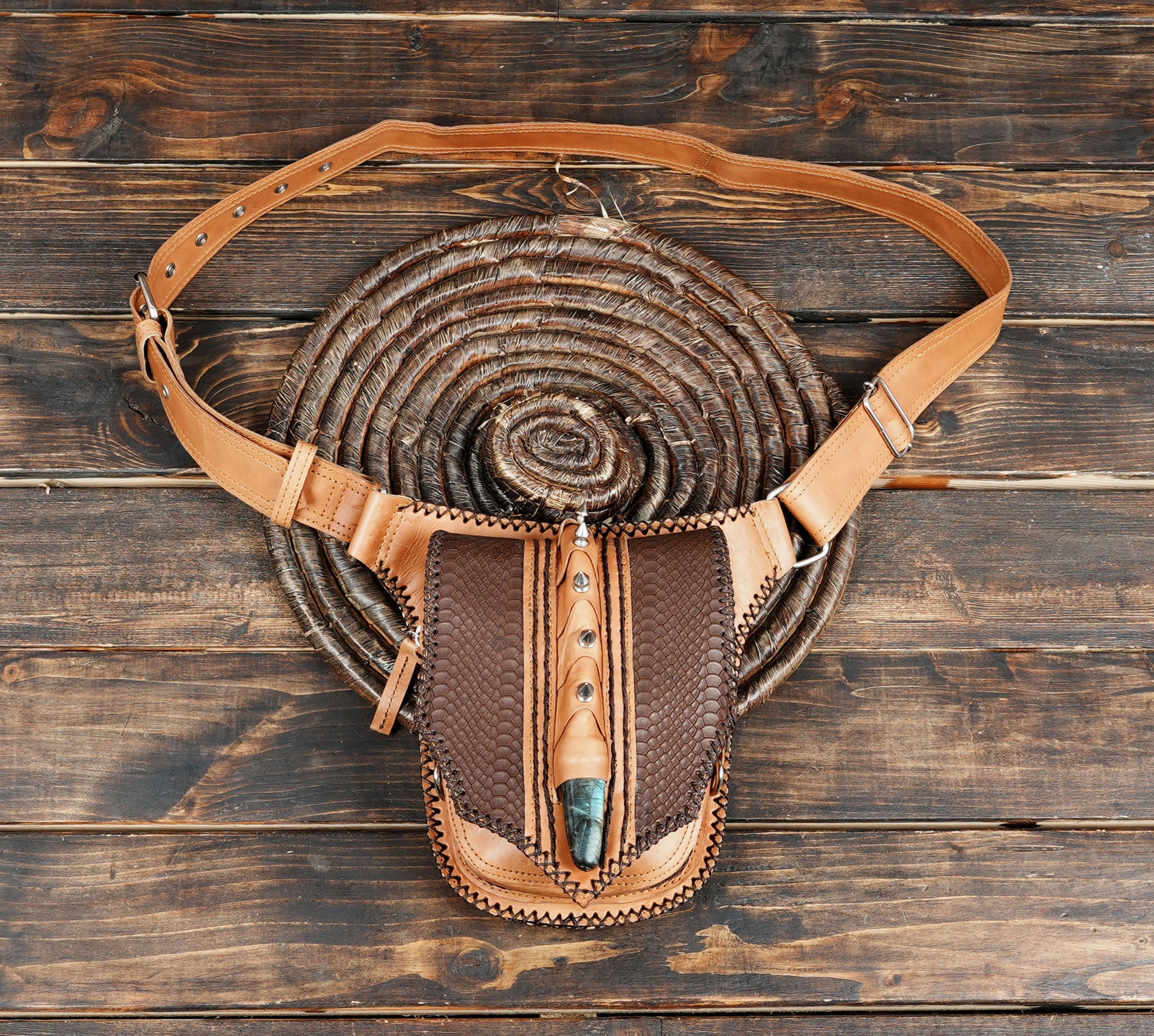 Leather fashion waist belt with metal studs and horn detail