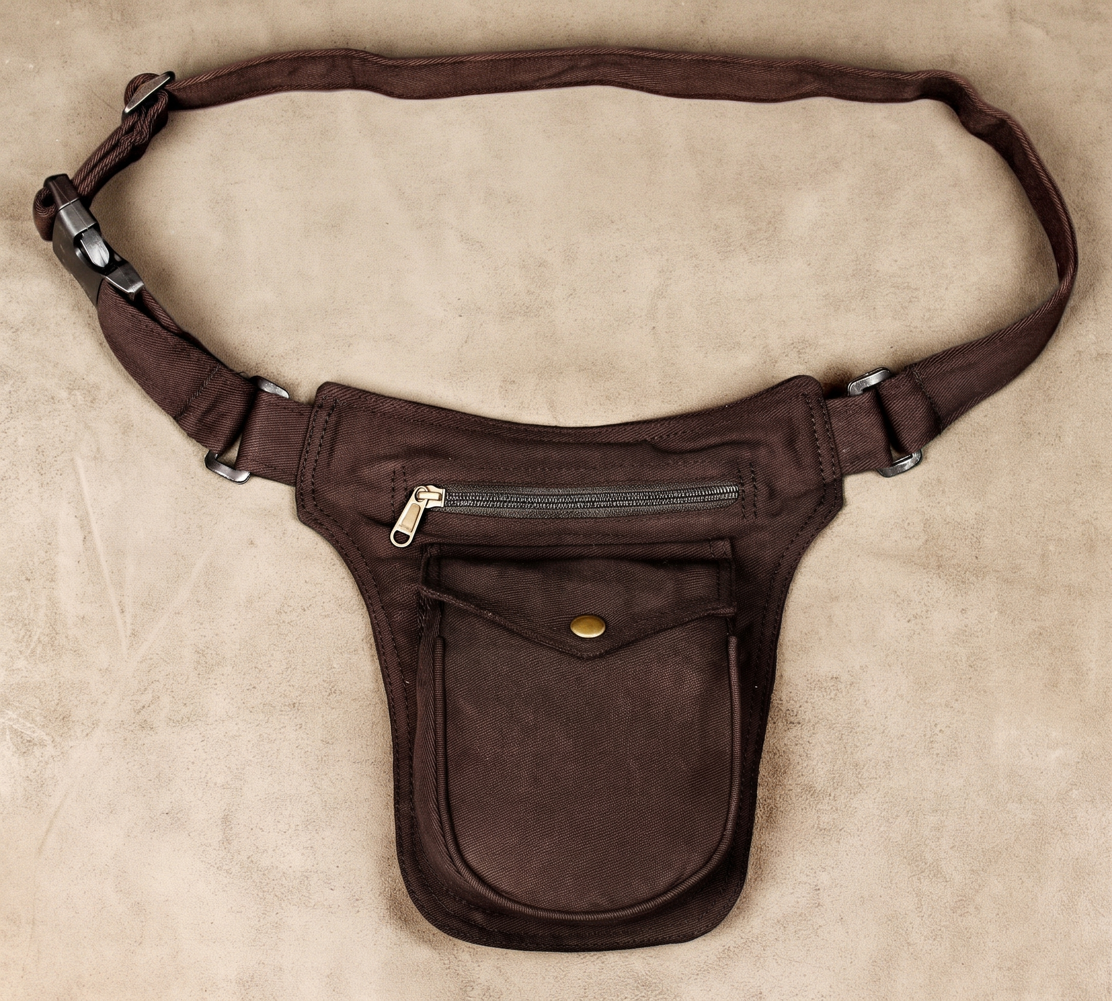 Black cotton utility pocket belt with zipper and snap closure