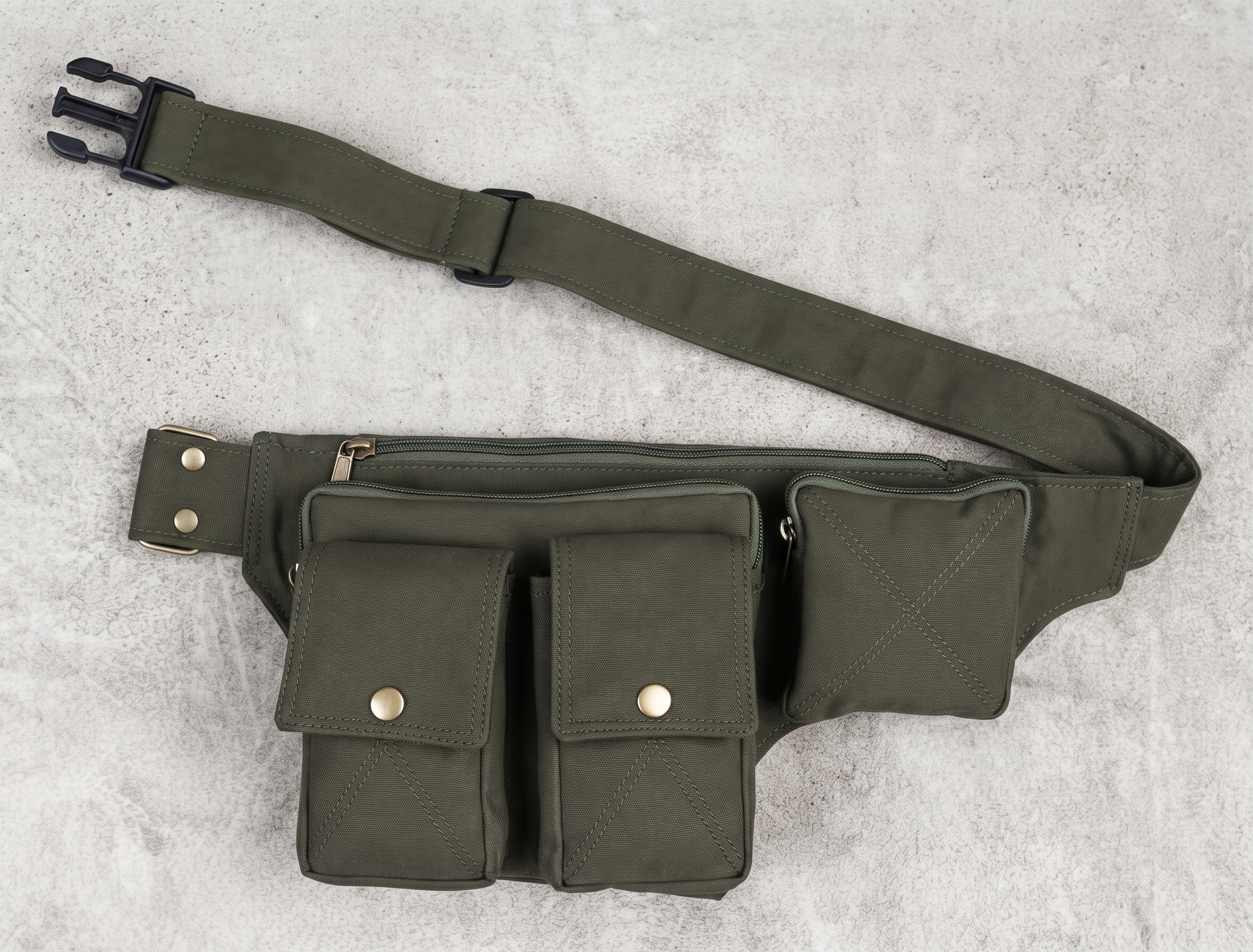 Cotton belt pouch with snap button flaps and zip storage