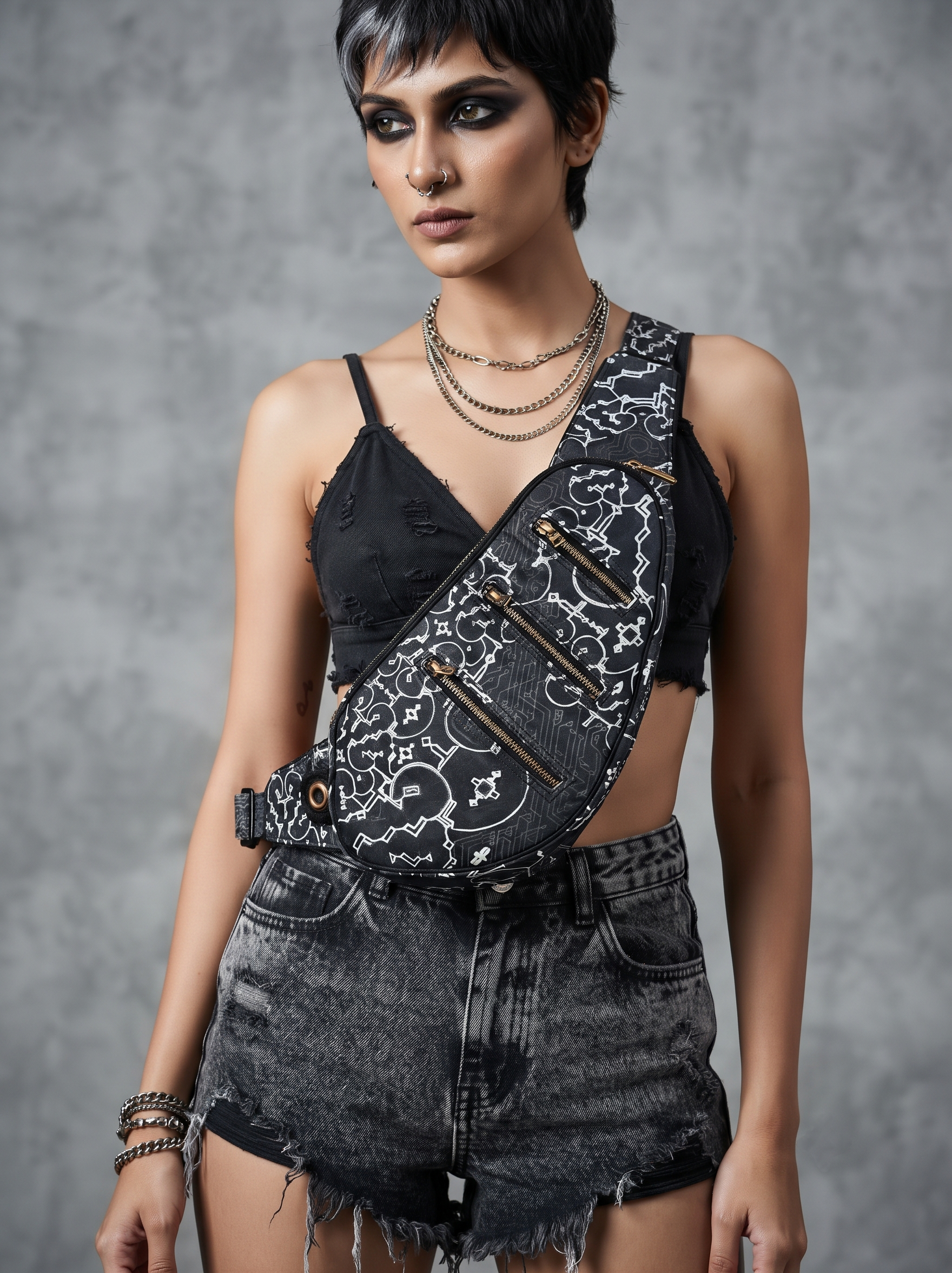 Black cotton sling bag with geometric pattern, adjustable strap and plastic buckle closure