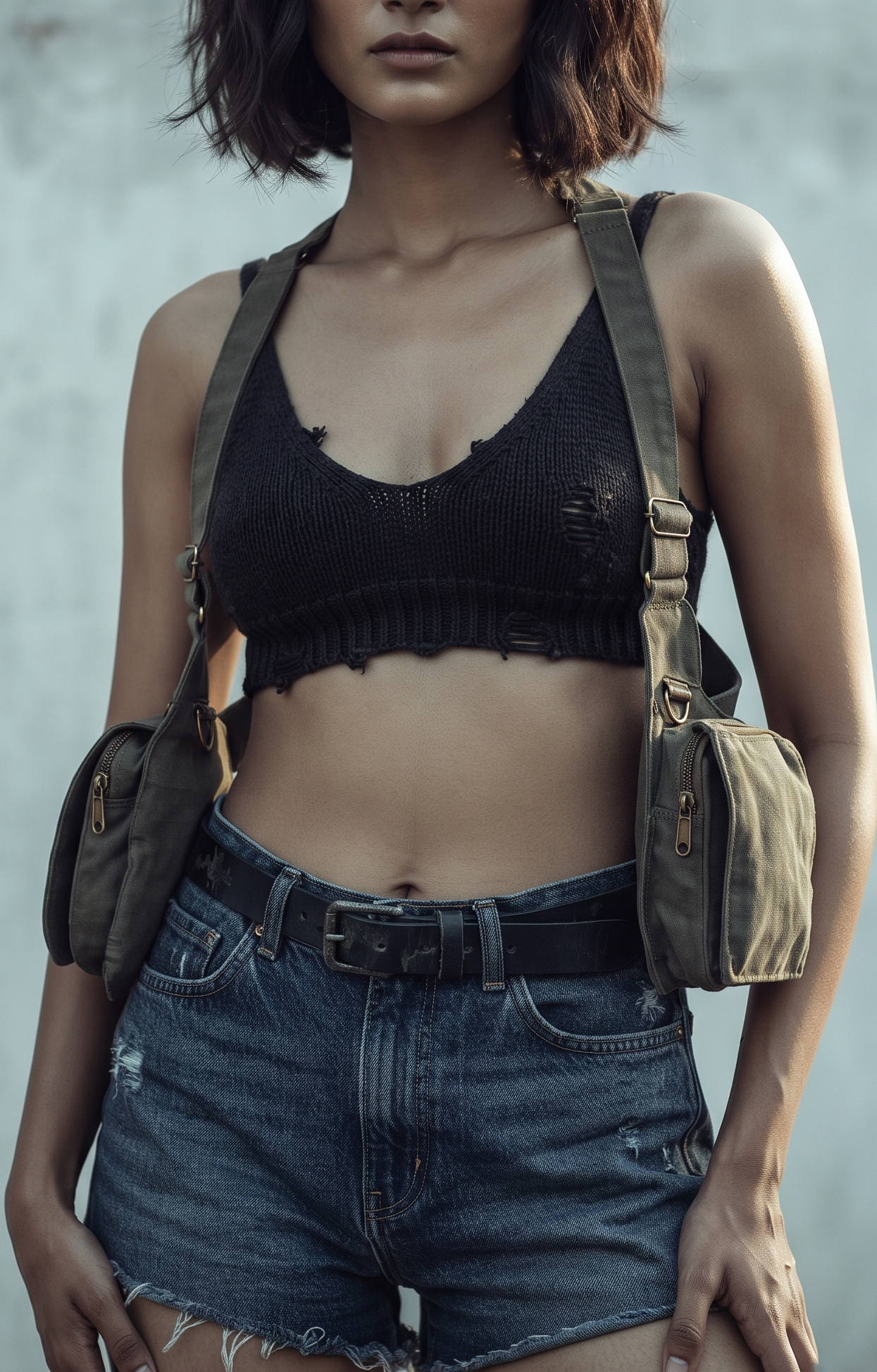 Olive green cotton canvas shoulder holster bag with dual zippered side pouches and adjustable cross-back harness straps, displayed on a wooden surface
