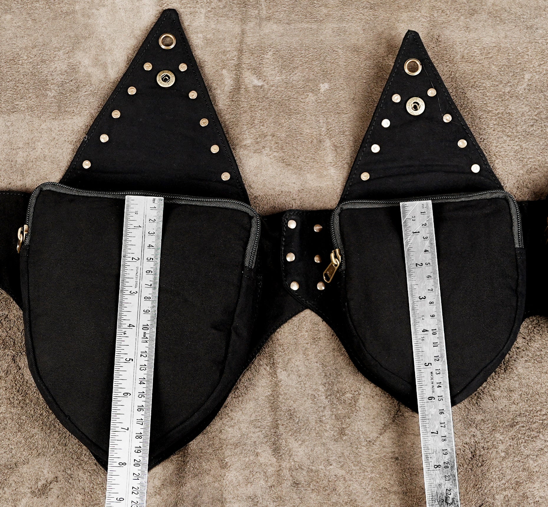 Black cotton cosplay utility belt with brass ring accents