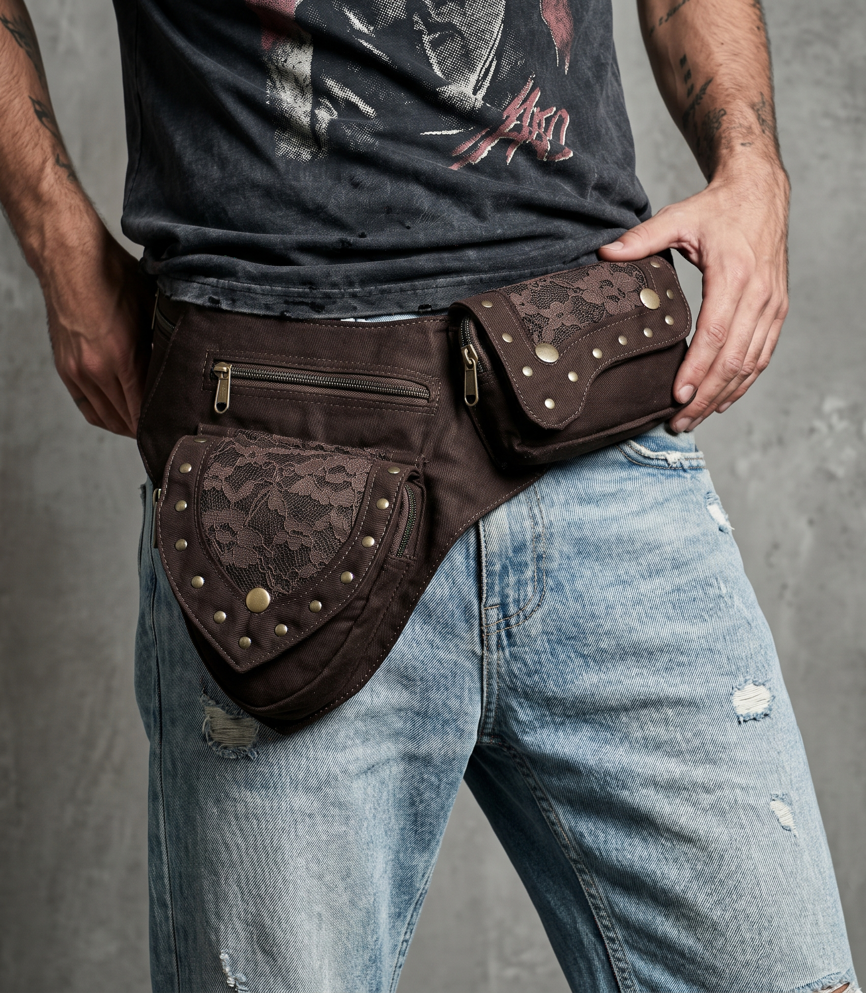Unisex cotton utility belt bag with five pockets in brown