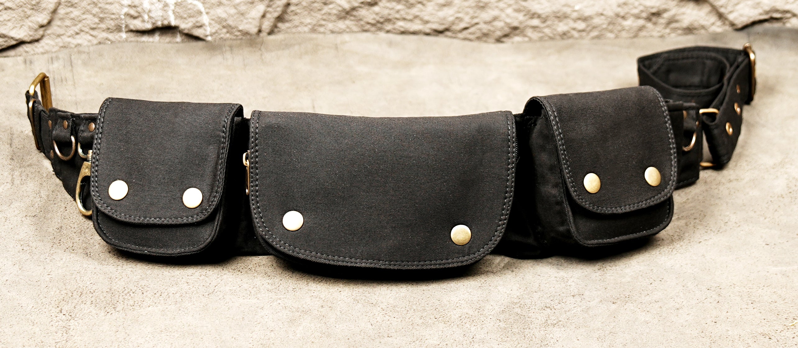 Cotton hip bag belt with brass snap buttons and swivel clip