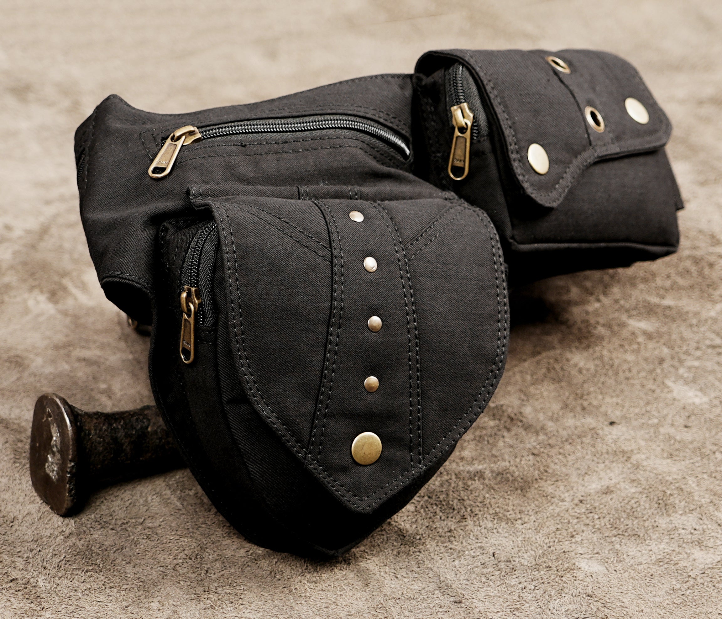 Black cotton festival belt with studded heart flap pocket