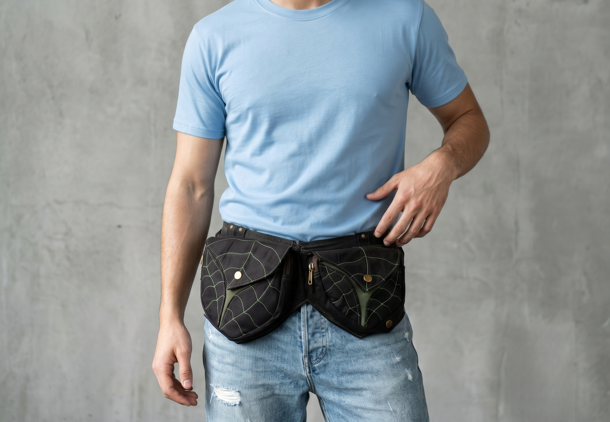 Steampunk style black cotton utility belt with two pouches and brass buckle hardware