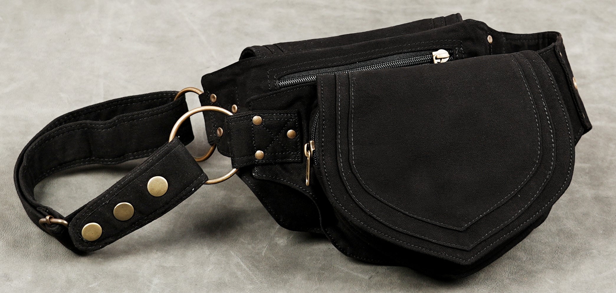 Handcrafted black cotton utility belt with geometric pocket design