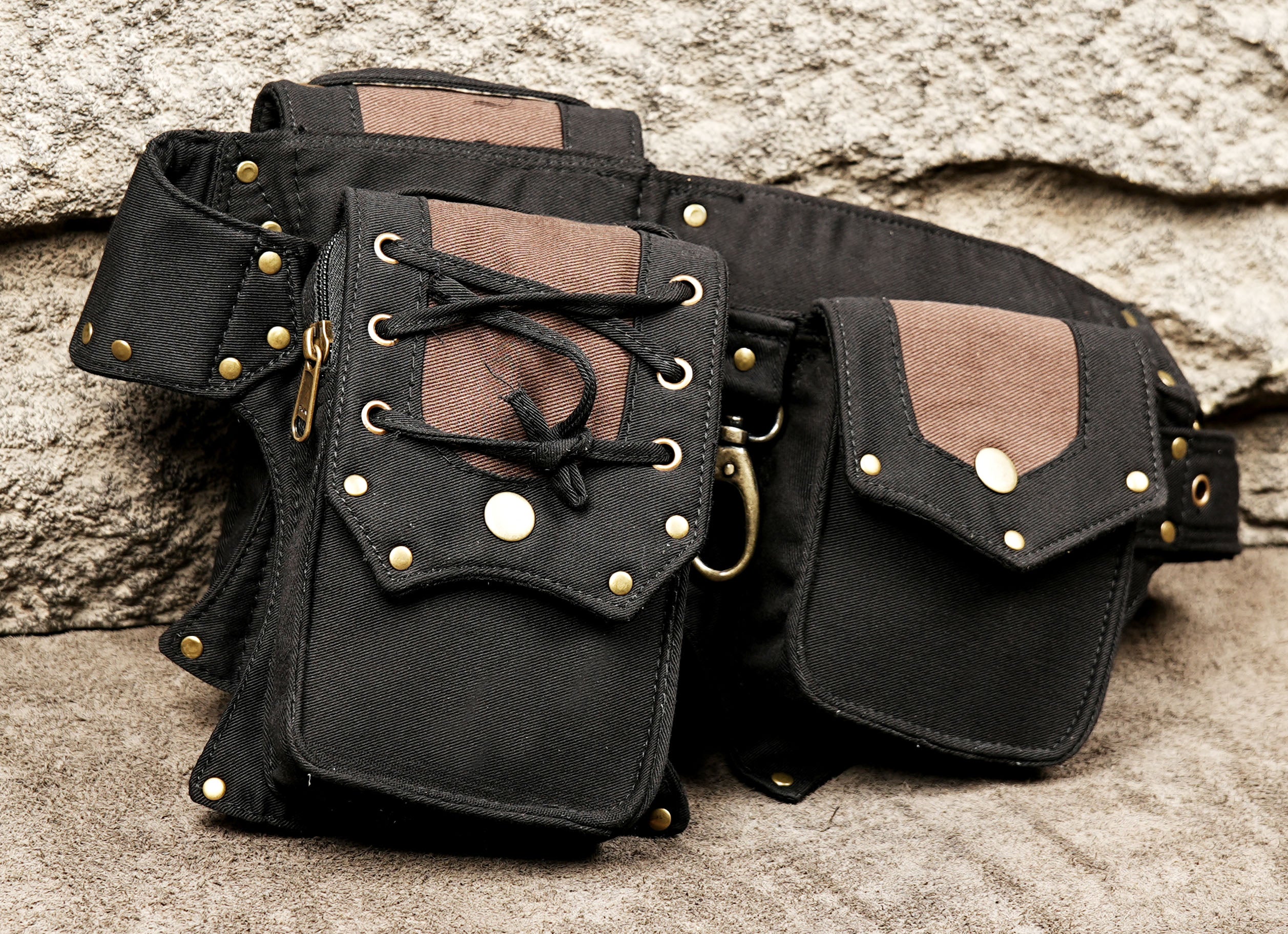 Multi-pocket cotton waist bag belt with zipper pouch and snap pockets