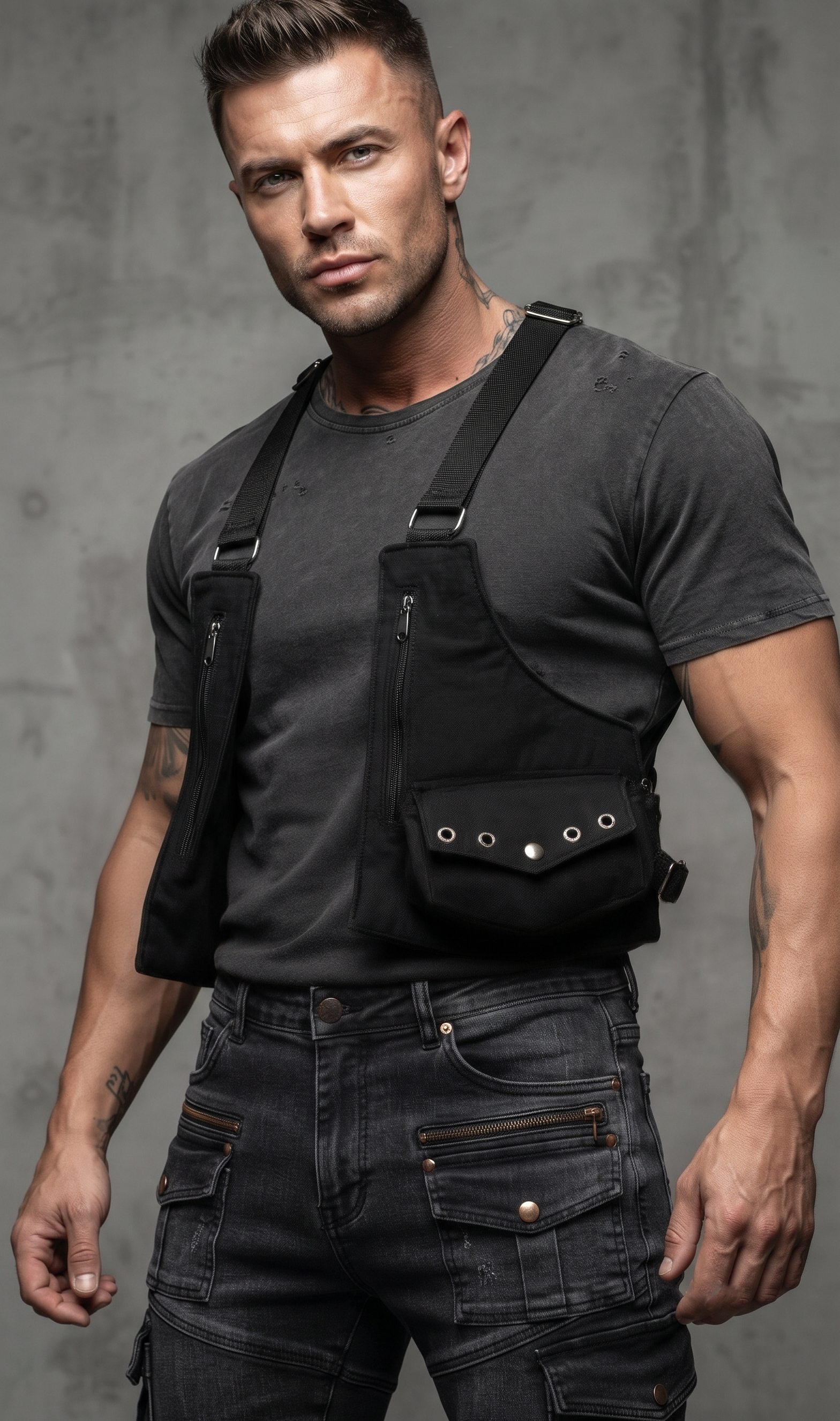 Handmade black cotton shoulder holster with two side pockets and silver hardware