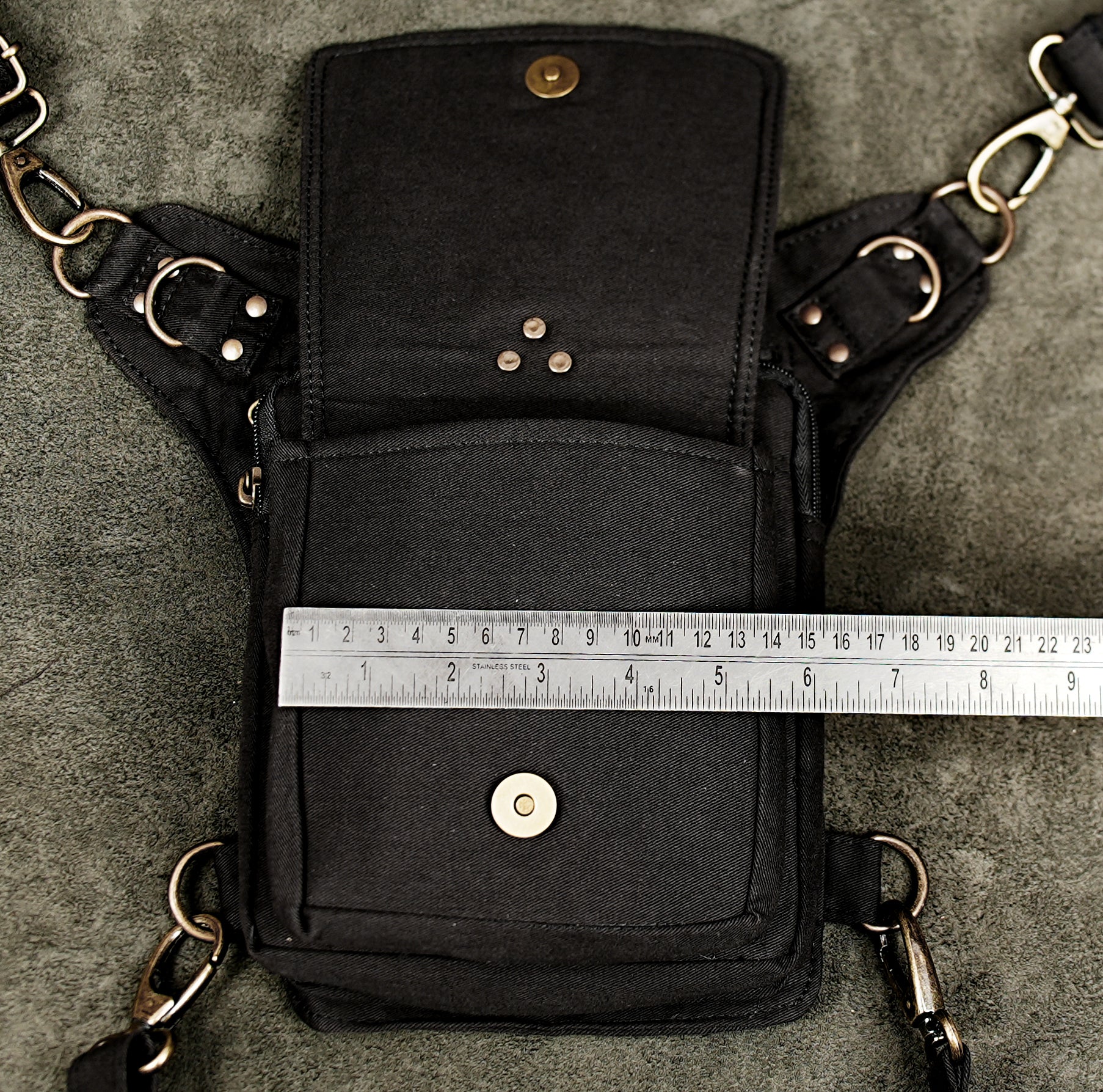 Steampunk style black cotton waist pouch with brass hardware