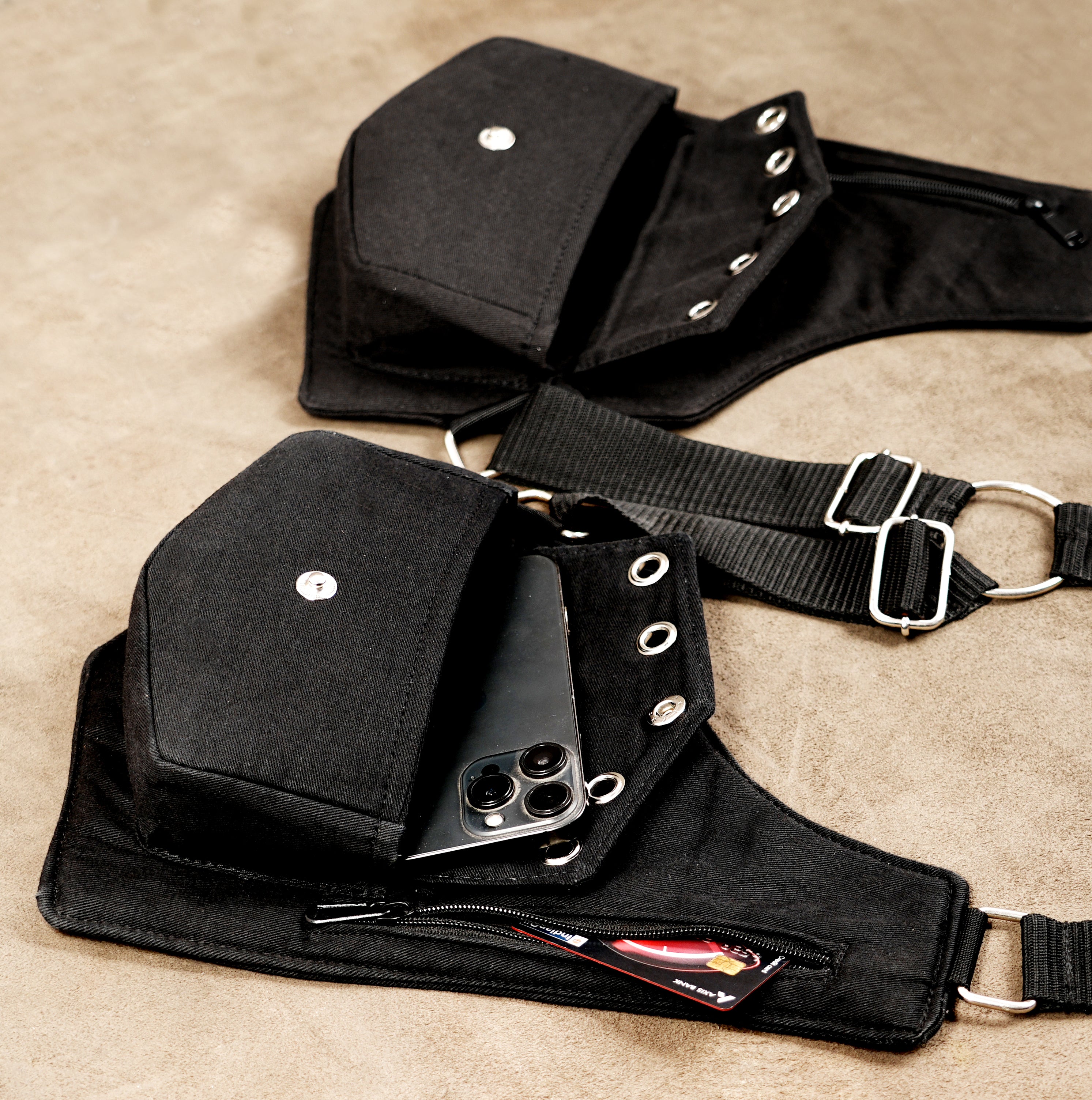 Gothic style body harness with dual holster pockets