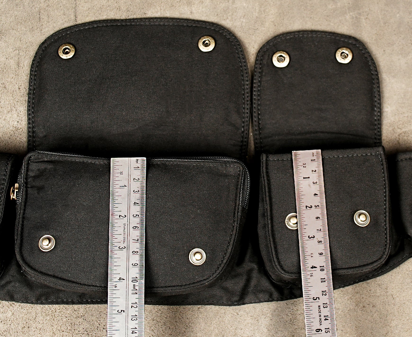 Black boho waist bag belt with antique brass snaps
