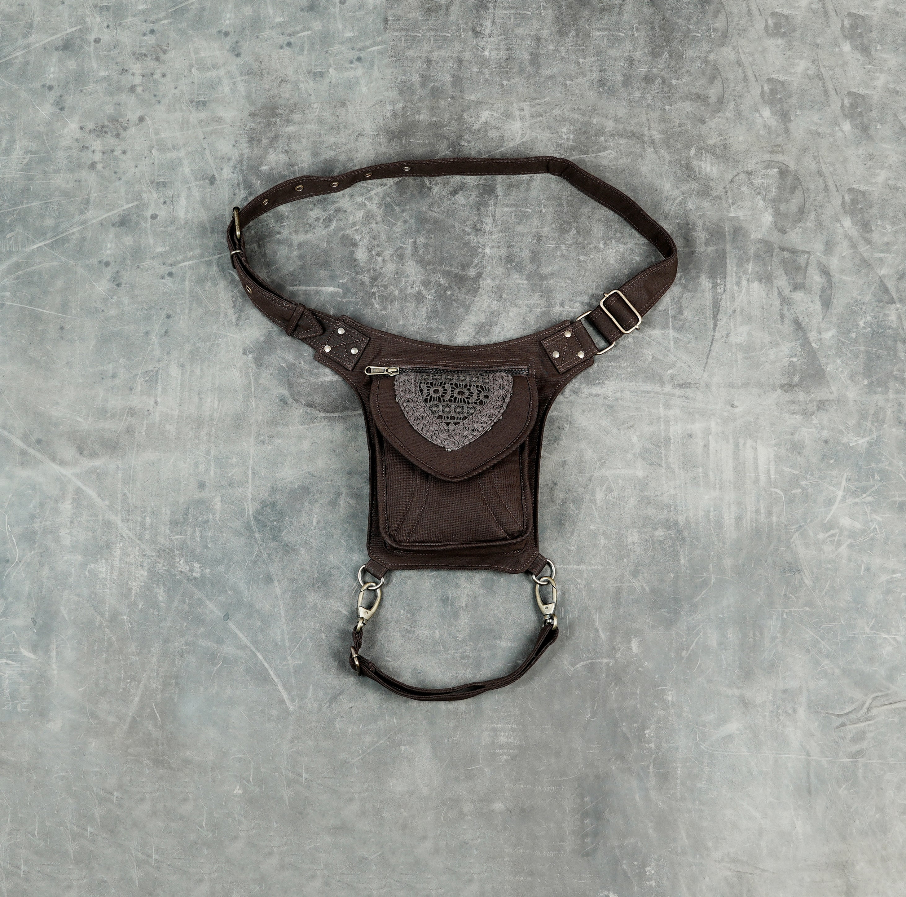Brown cotton festival waist bag with removable thigh strap