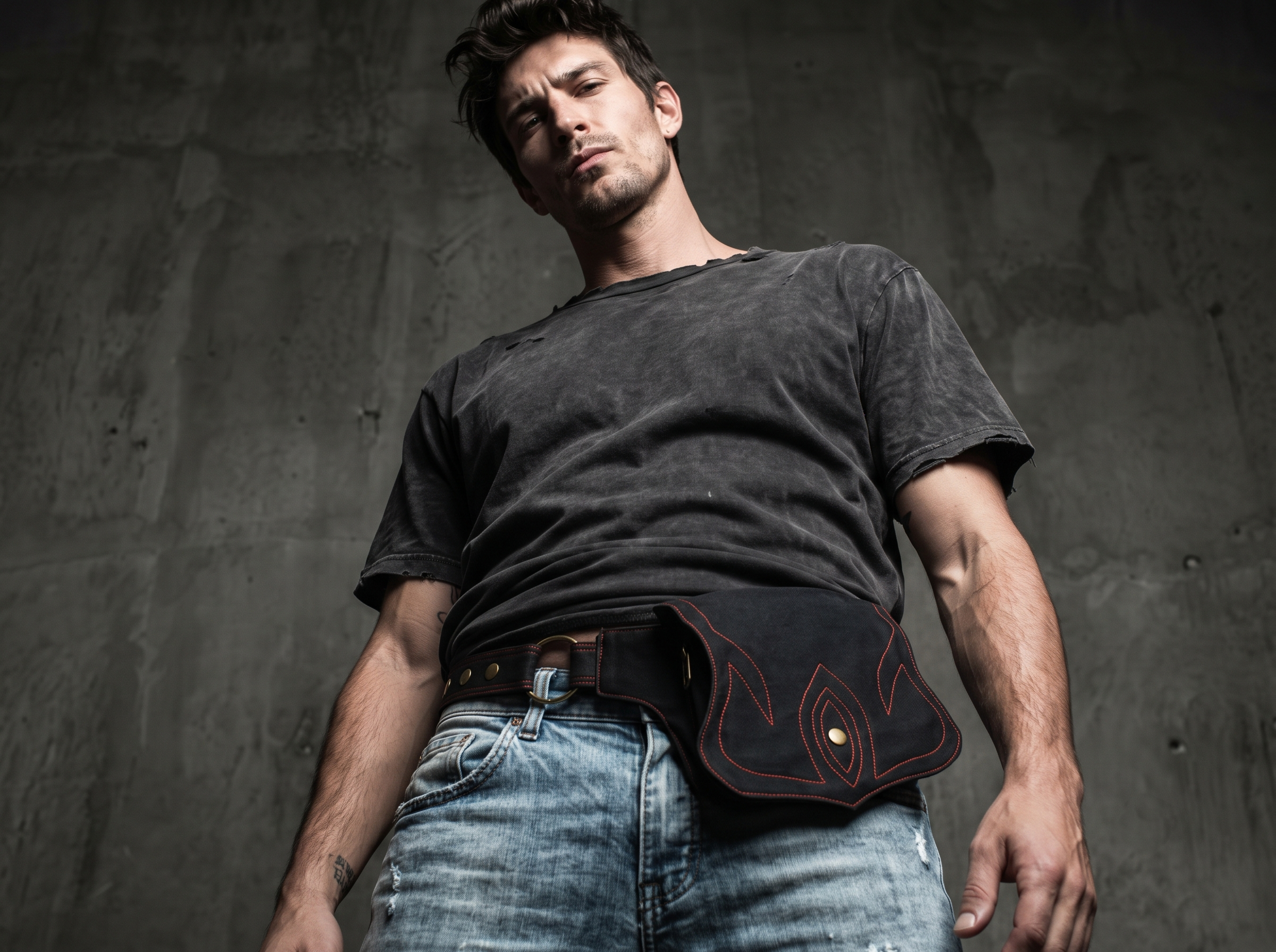 Black canvas festival waist belt bag styled on a mannequin for Burning Man rave outfits and boho streetwear accessories.