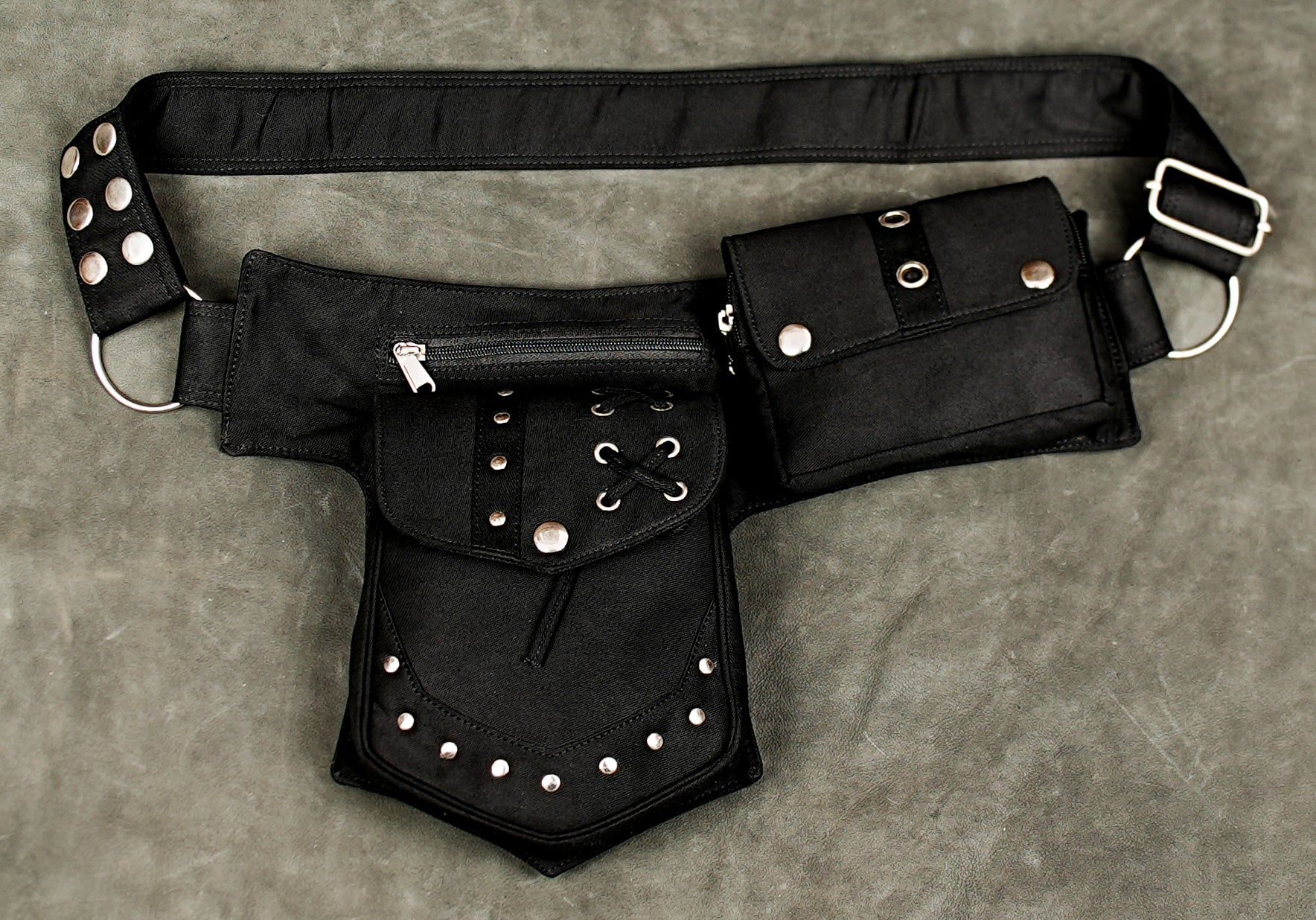 Black cotton utility belt bag with silver studs and two zippered pouches